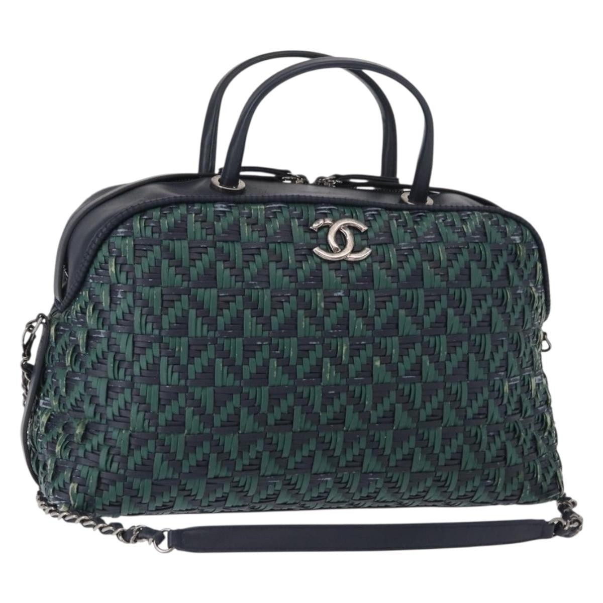 Chanel Convertible Chain Bowler Woven Calfskin Green Leather Handbag (Pre-Owned)