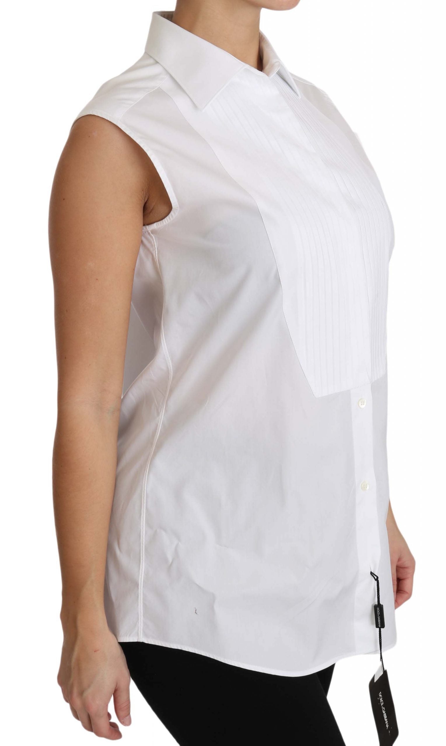 Dolce & Gabbana White Cotton Pleated Sleeveless Button Down Women's Top