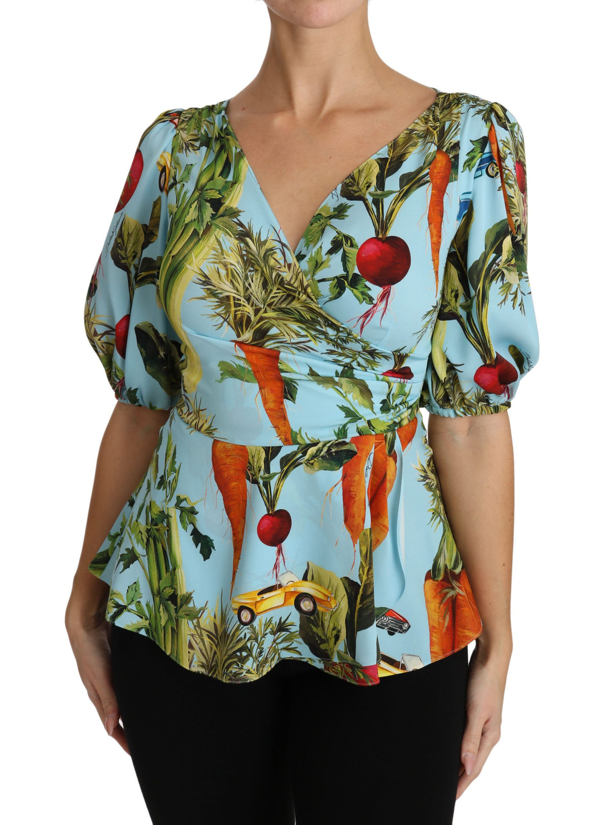 Dolce & Gabbana Multicolor Vegetable Print Silk Top Peplum Wrap Women's Blouse