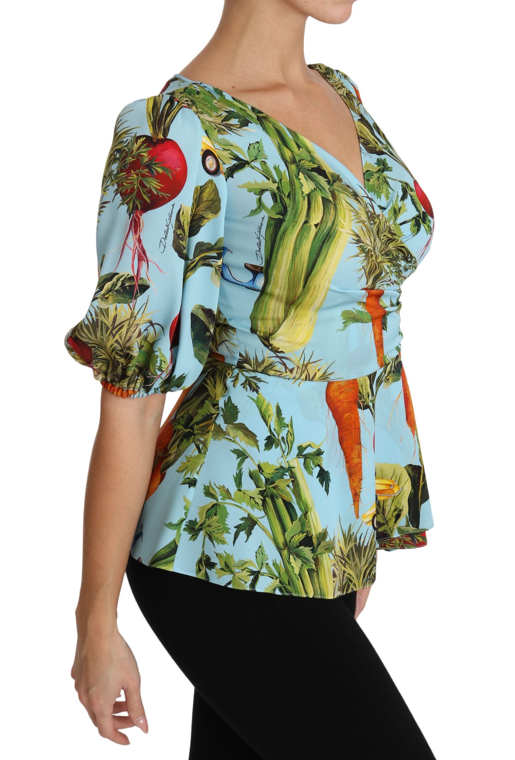 Dolce & Gabbana Multicolor Vegetable Print Silk Top Peplum Wrap Women's Blouse