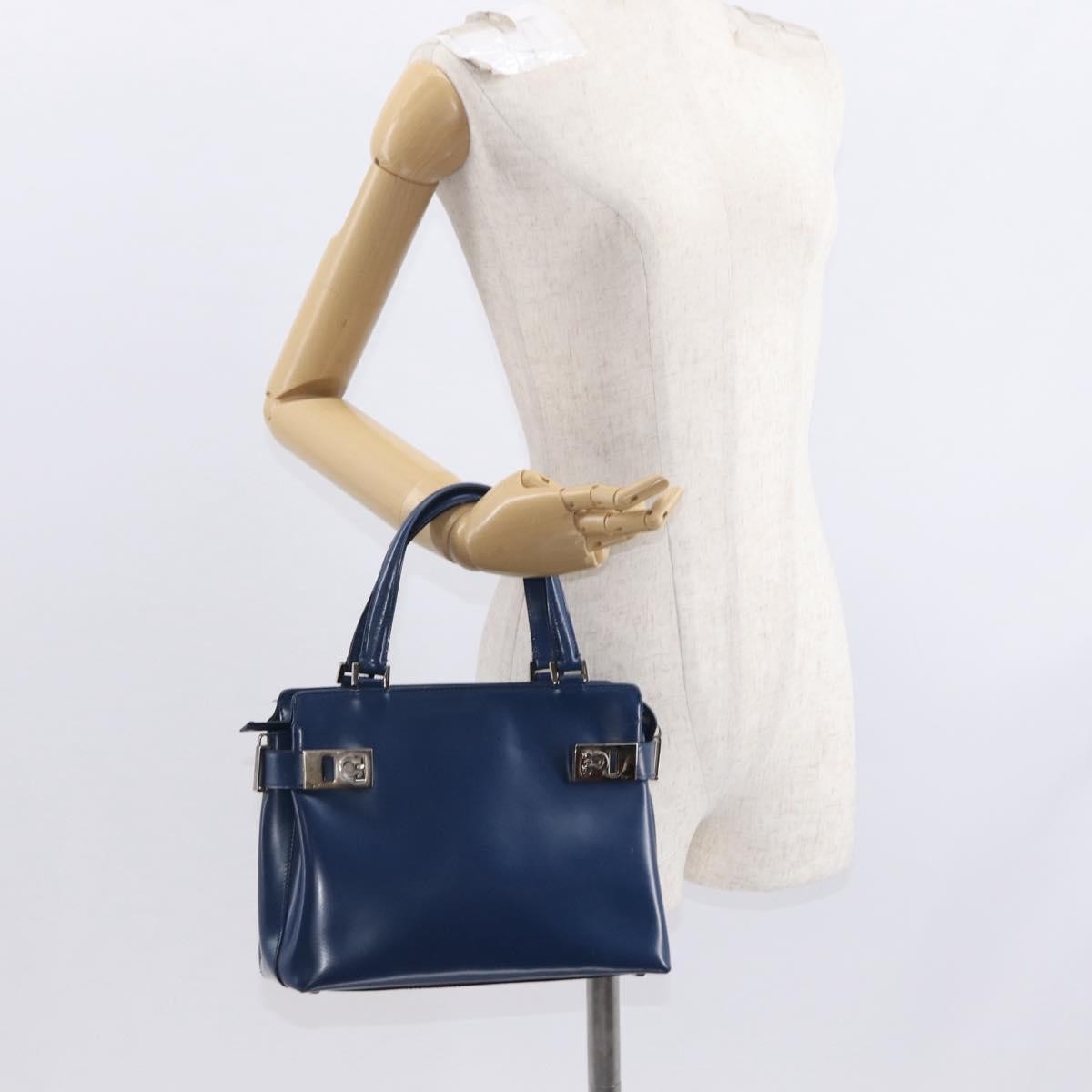 Salvatore Ferragamo Double Gancini Side Buckle Leather Blue Leather Handbag (Pre-Owned)