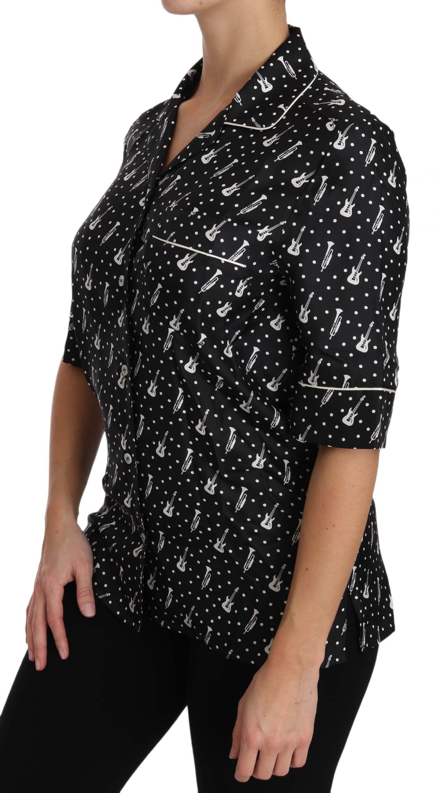 Dolce & Gabbana Black GuitarTrumpet Print Silk Shirt Women's Top