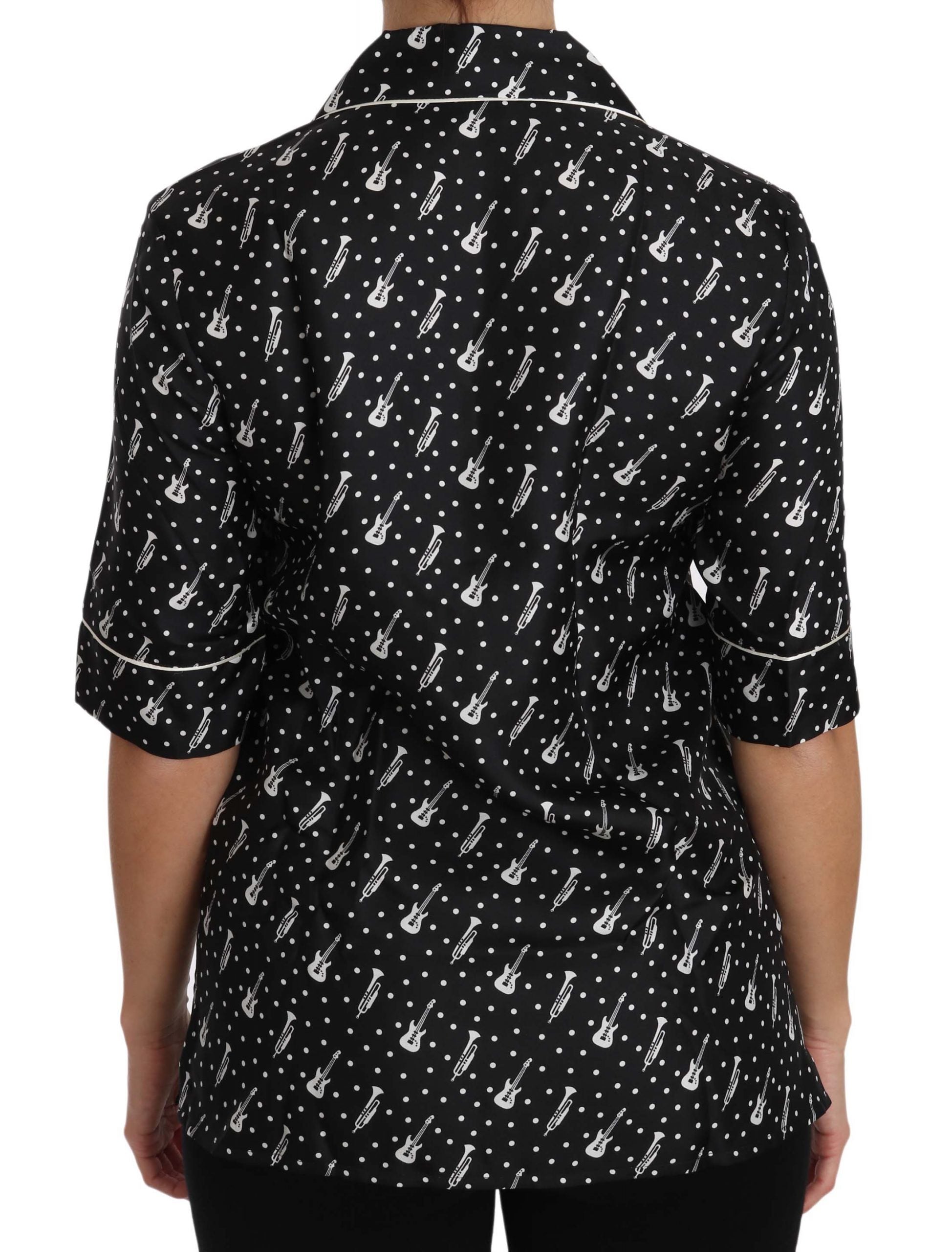 Dolce & Gabbana Black GuitarTrumpet Print Silk Shirt Women's Top