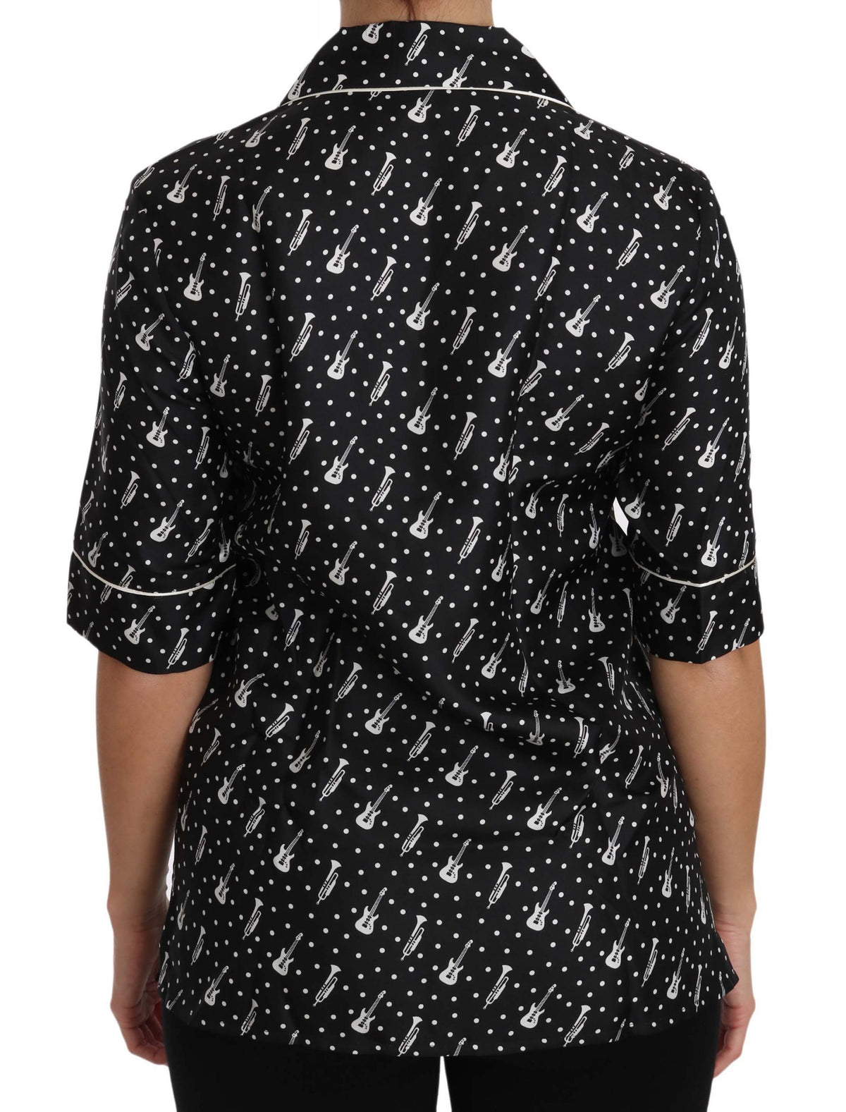 Dolce & Gabbana Black GuitarTrumpet Print Silk Shirt Women's Top
