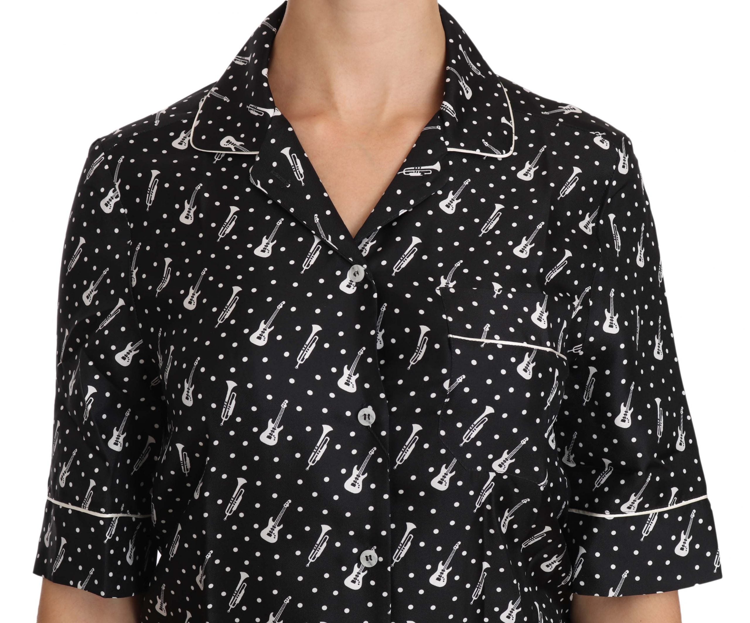 Dolce & Gabbana Black GuitarTrumpet Print Silk Shirt Women's Top