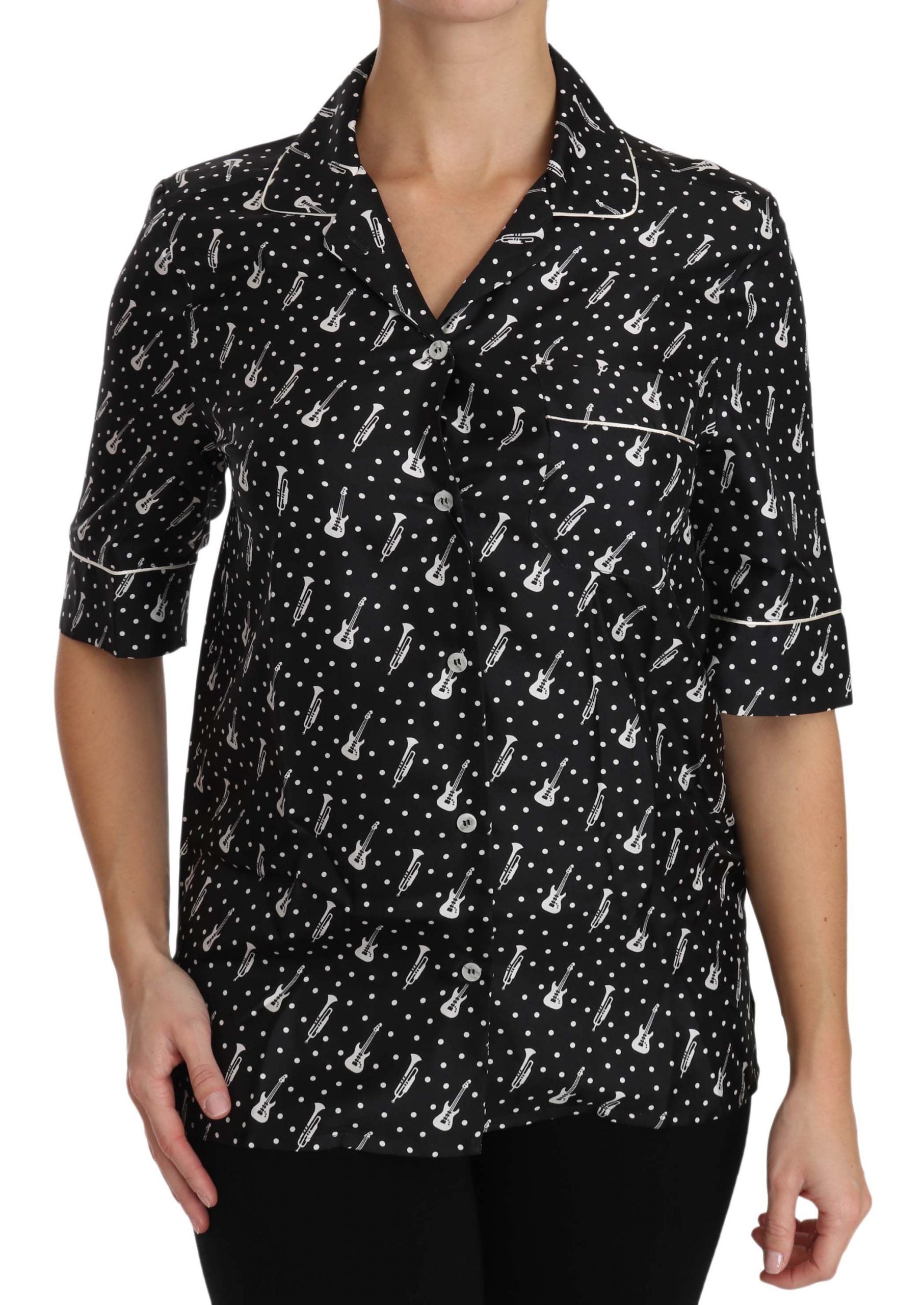 Dolce & Gabbana Black GuitarTrumpet Print Silk Shirt Women's Top
