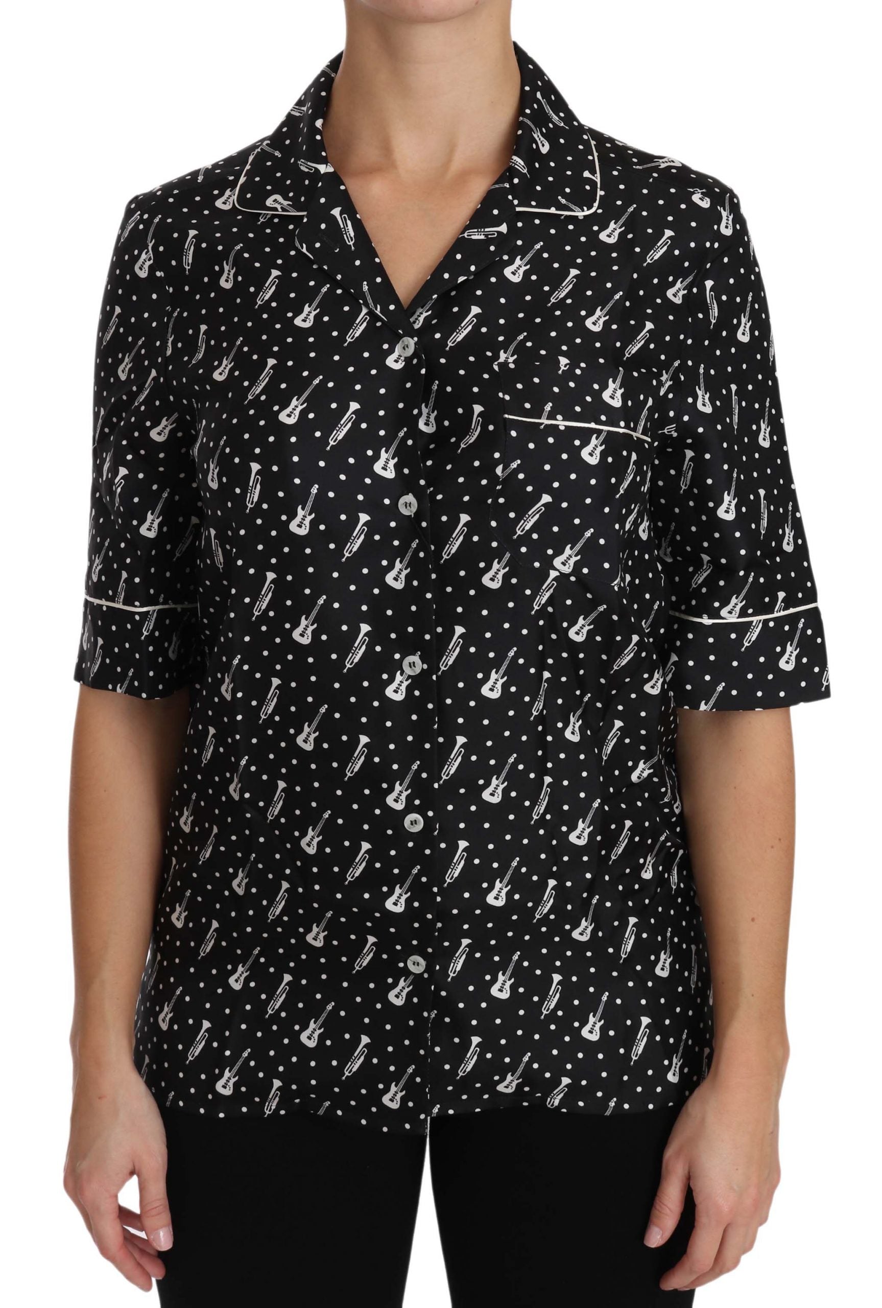 Dolce & Gabbana Black GuitarTrumpet Print Silk Shirt Women's Top