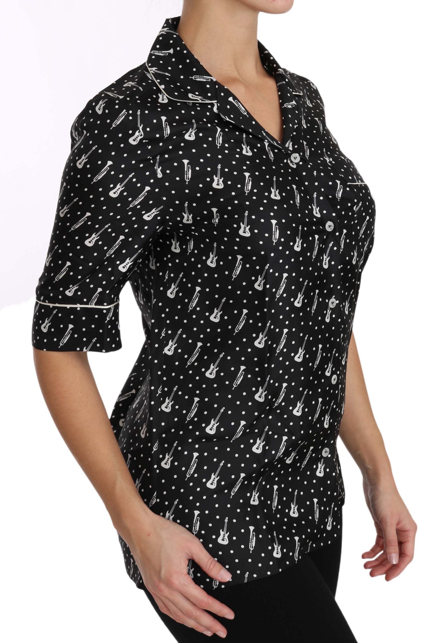 Dolce & Gabbana Black GuitarTrumpet Print Silk Shirt Women's Top