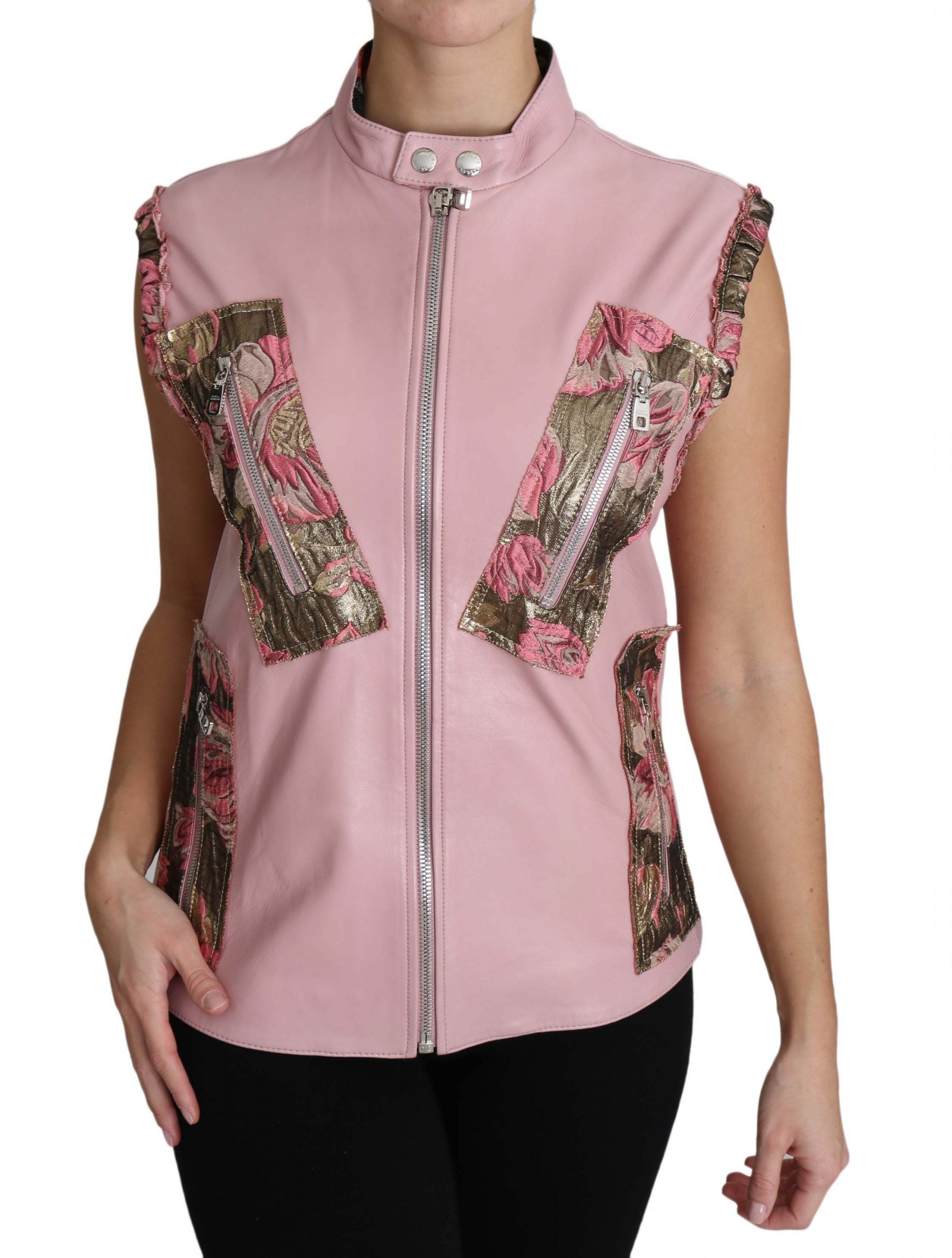 Dolce & Gabbana Pink Zippered Lamb Sleeveless Vest Leather Women's Jacket