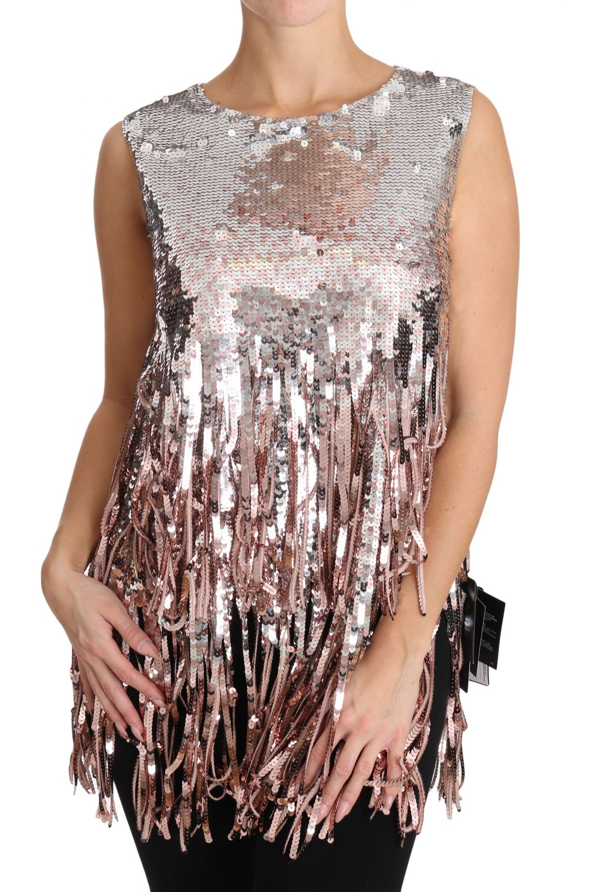Dolce & Gabbana Golden Pink Sequined Fringe Tank Women's Top