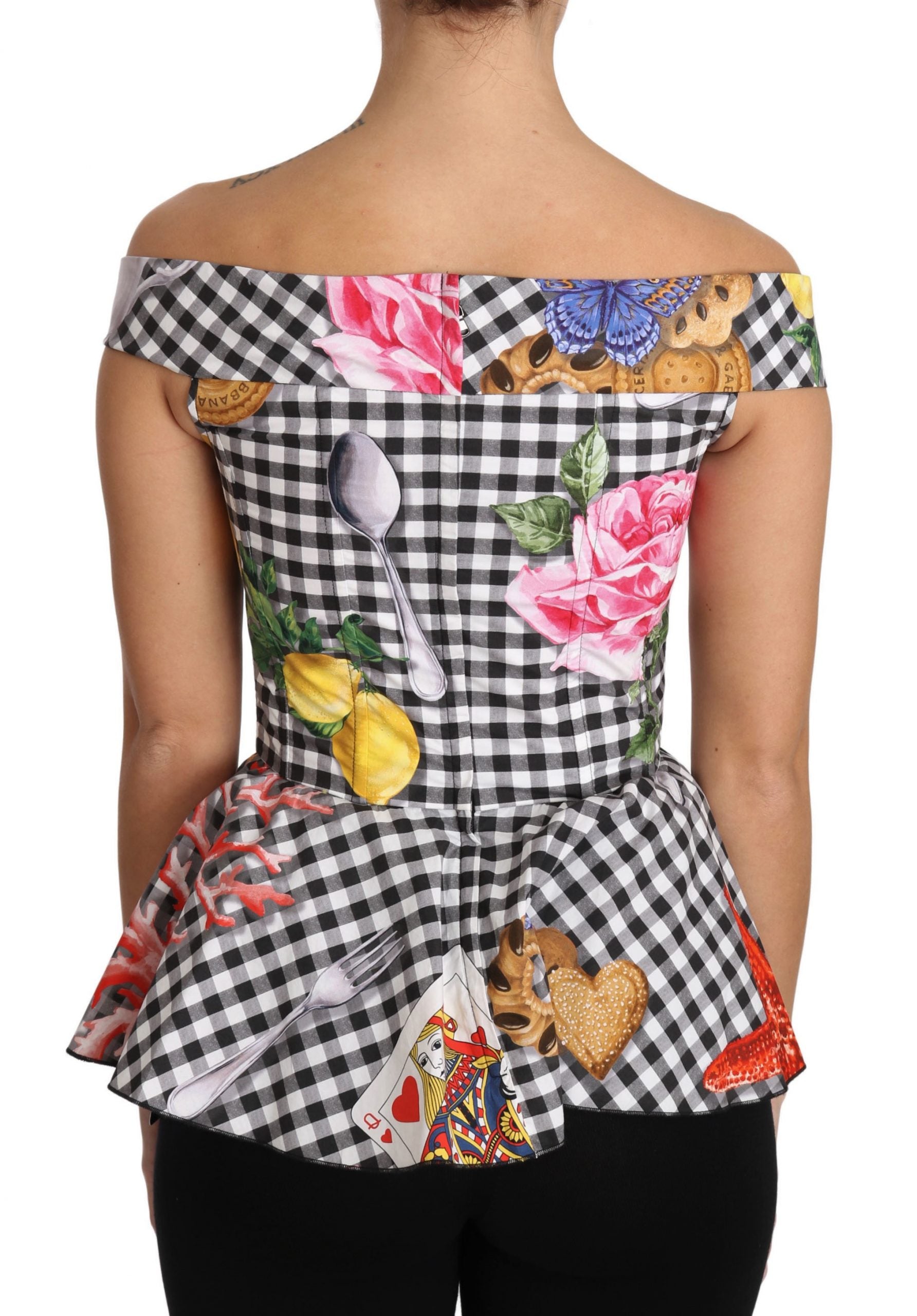 Dolce & Gabbana Black and White Corset Blouse Sicily Lemon Check Women's Top