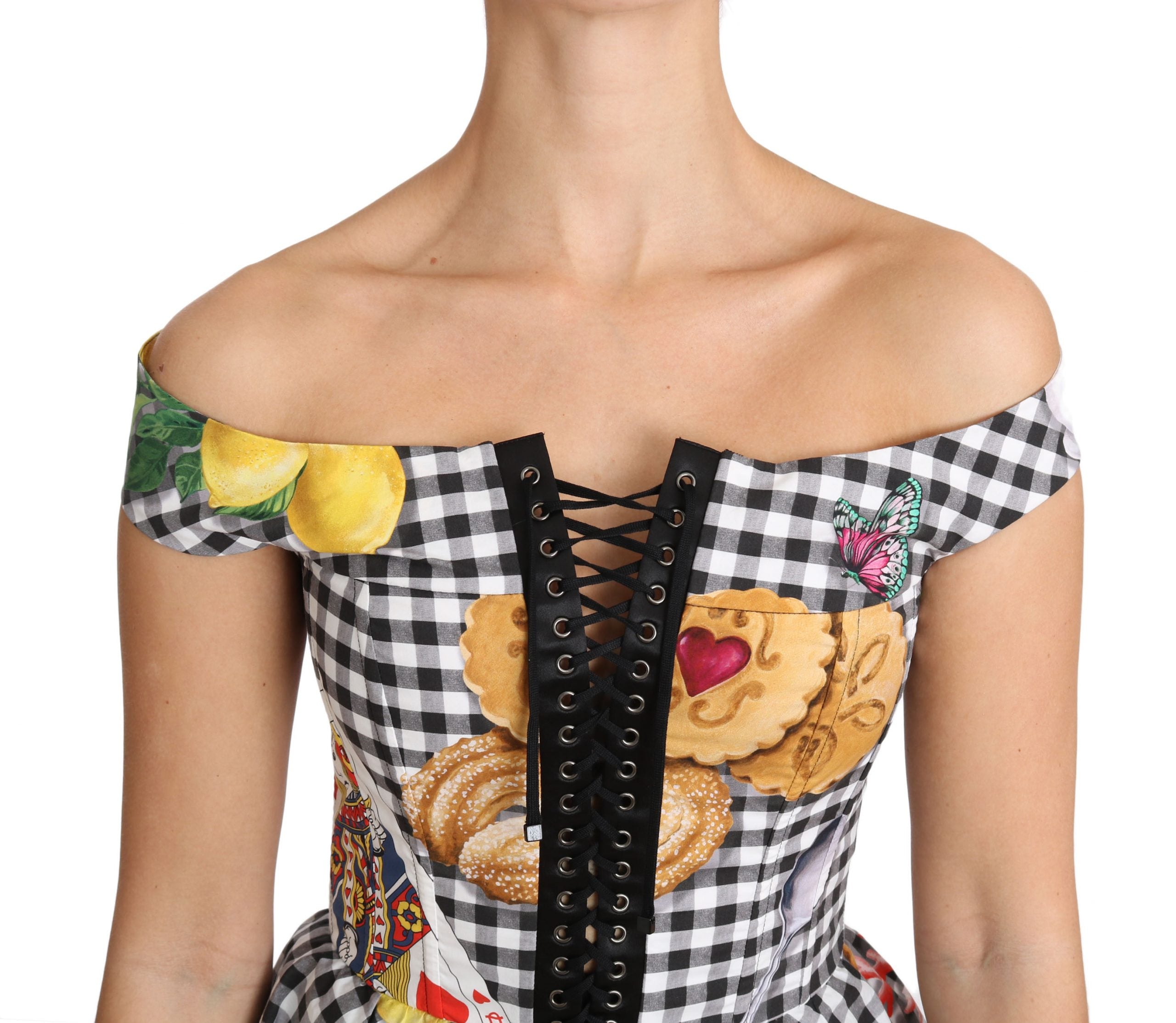 Dolce & Gabbana Black and White Corset Blouse Sicily Lemon Check Women's Top