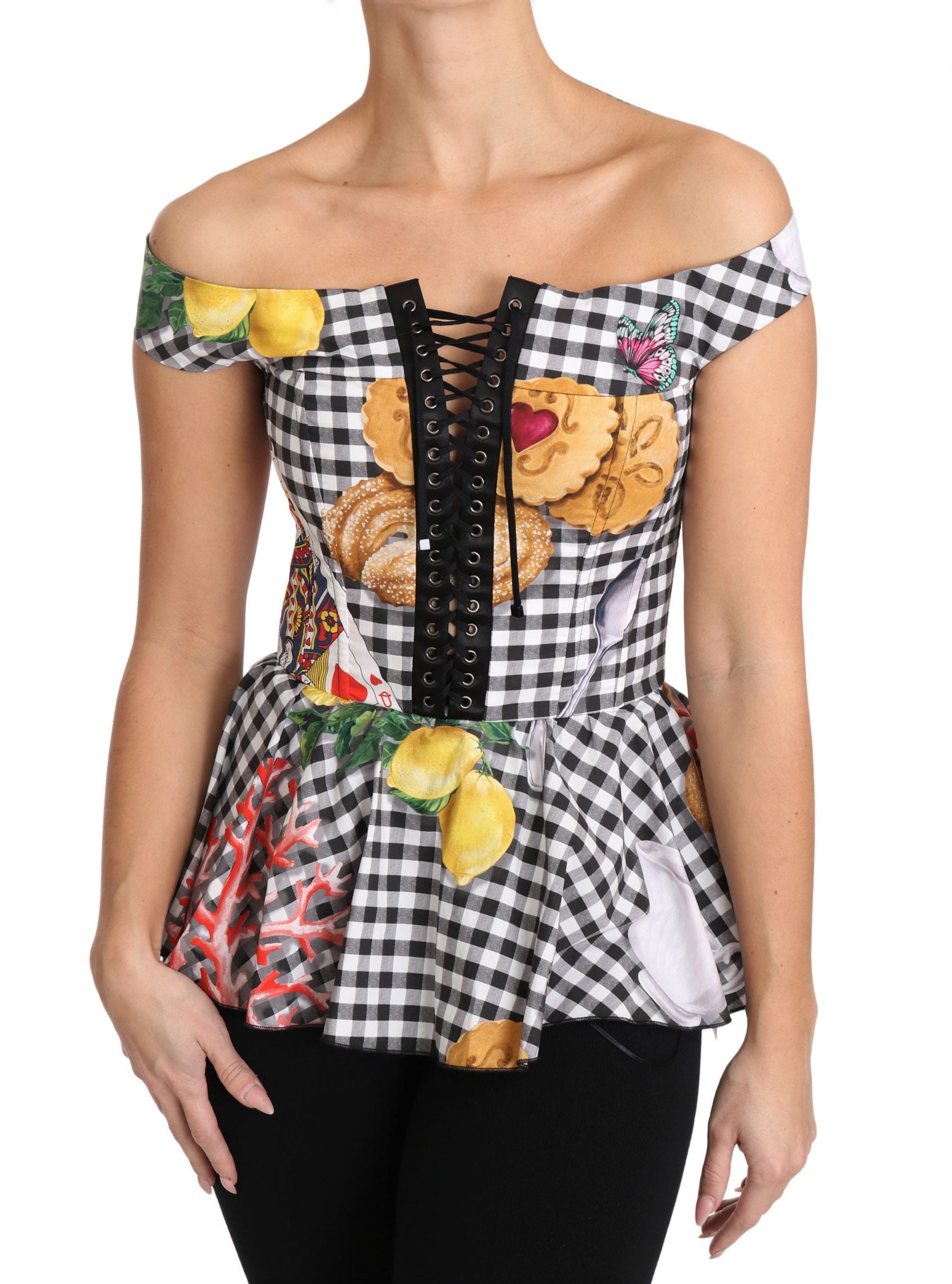 Dolce & Gabbana Black and White Corset Blouse Sicily Lemon Check Women's Top