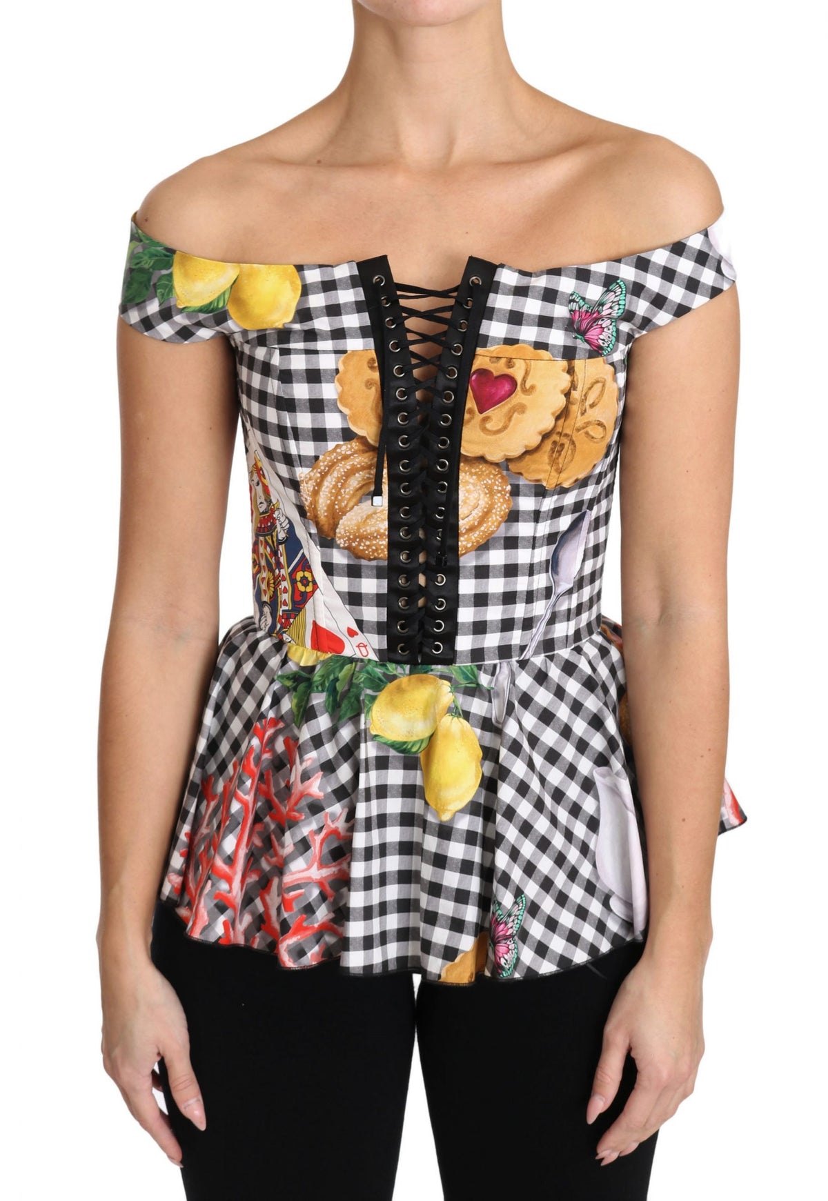 Dolce & Gabbana Black and White Corset Blouse Sicily Lemon Check Women's Top