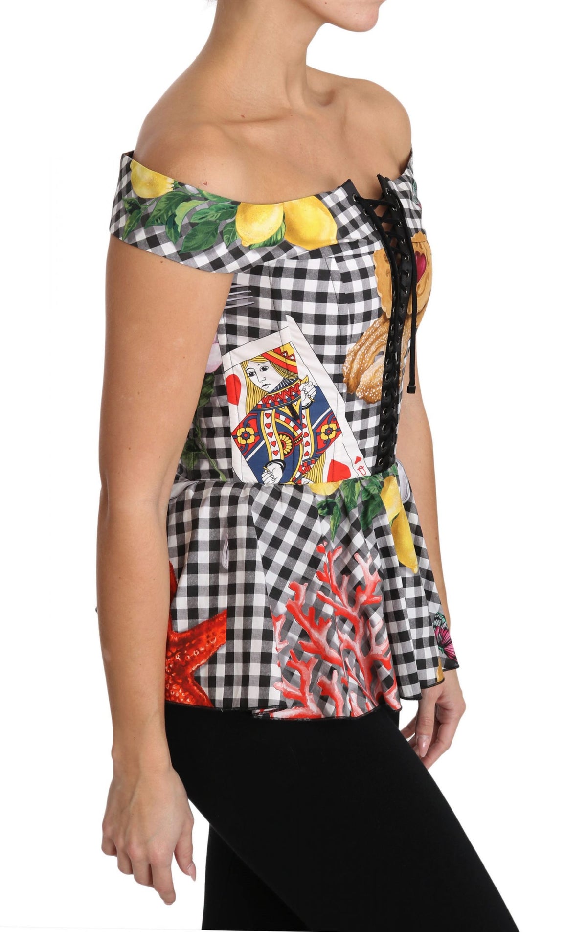 Dolce & Gabbana Black and White Corset Blouse Sicily Lemon Check Women's Top