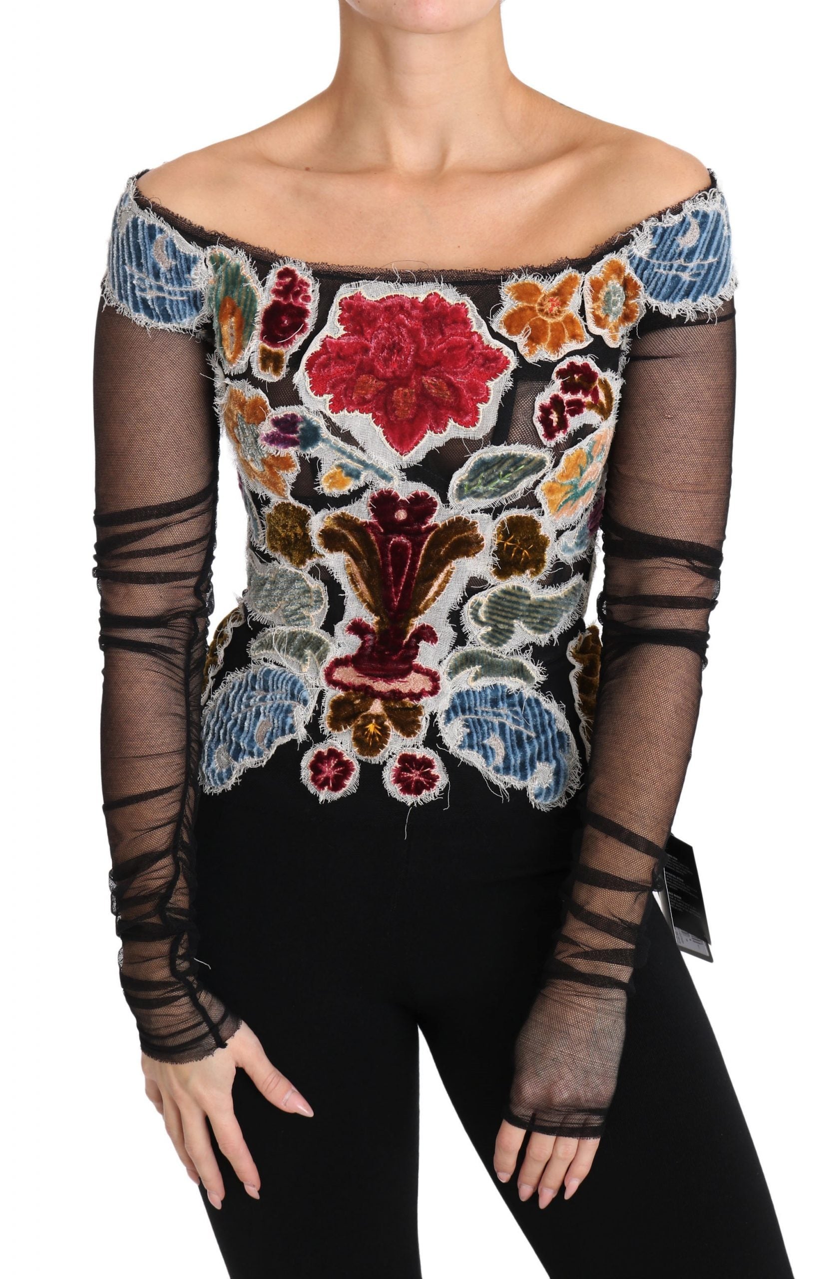 Dolce & Gabbana Black Floral Ricamo Top T-shirt Women's Blouse