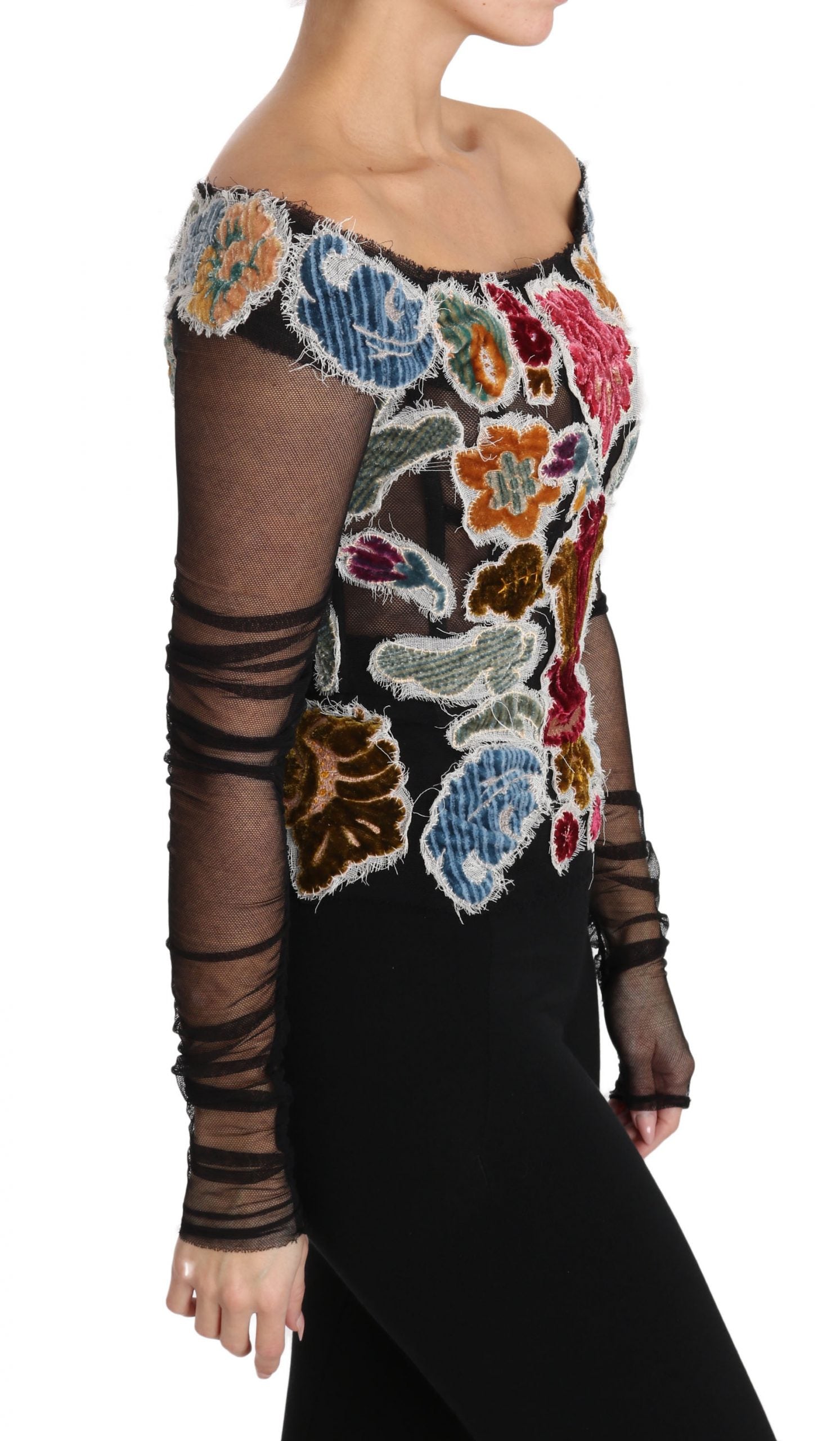 Dolce & Gabbana Black Floral Ricamo Top T-shirt Women's Blouse
