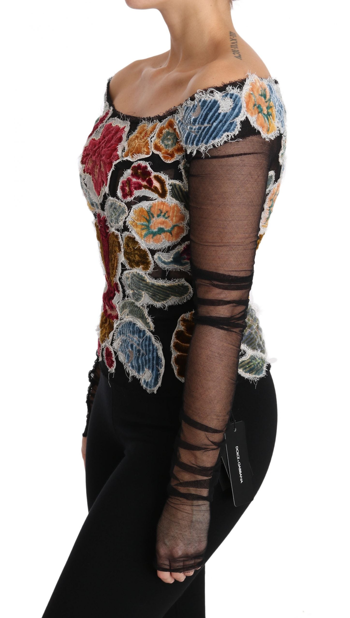 Dolce & Gabbana Black Floral Ricamo Top T-shirt Women's Blouse