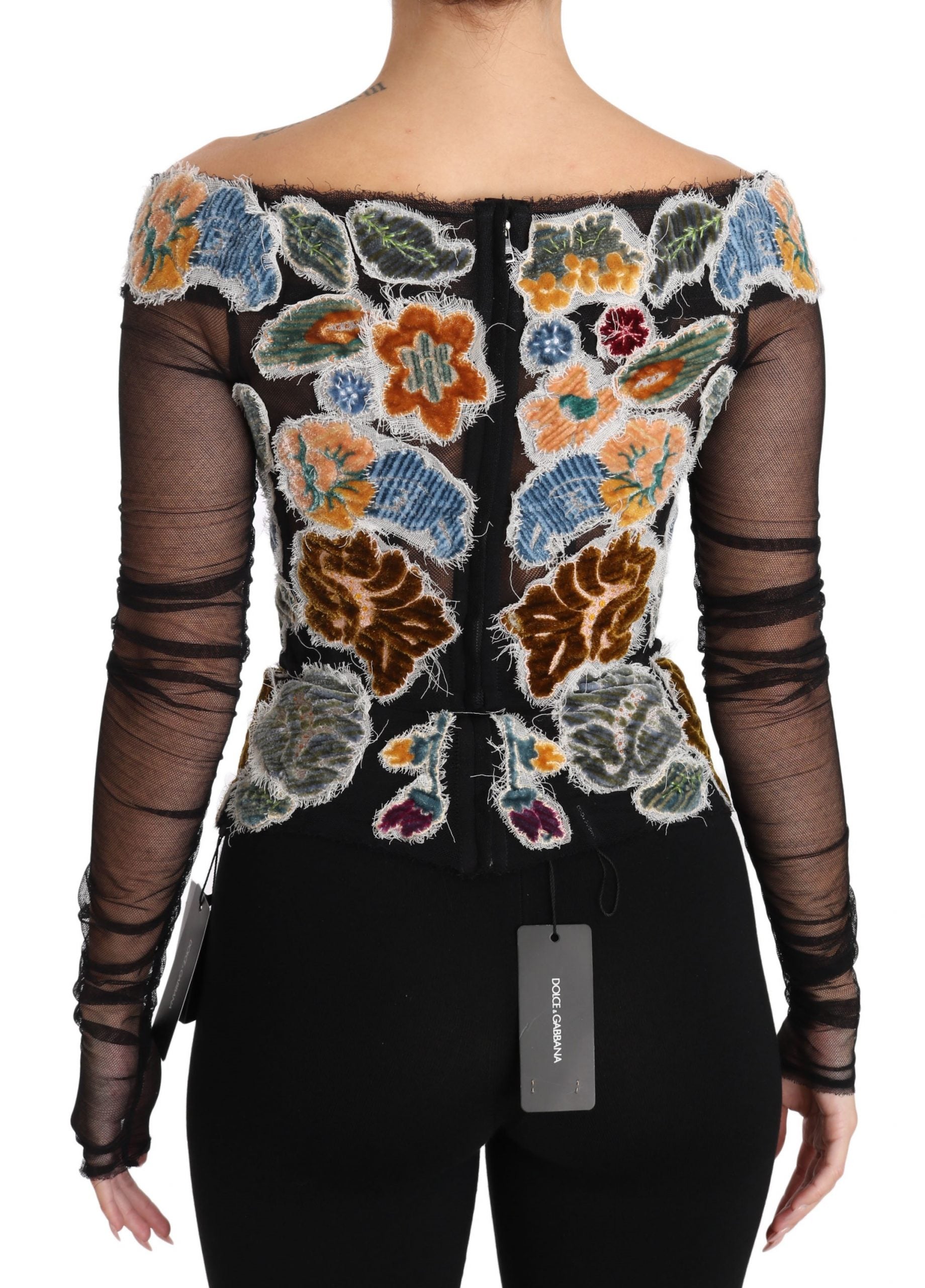 Dolce & Gabbana Black Floral Ricamo Top T-shirt Women's Blouse