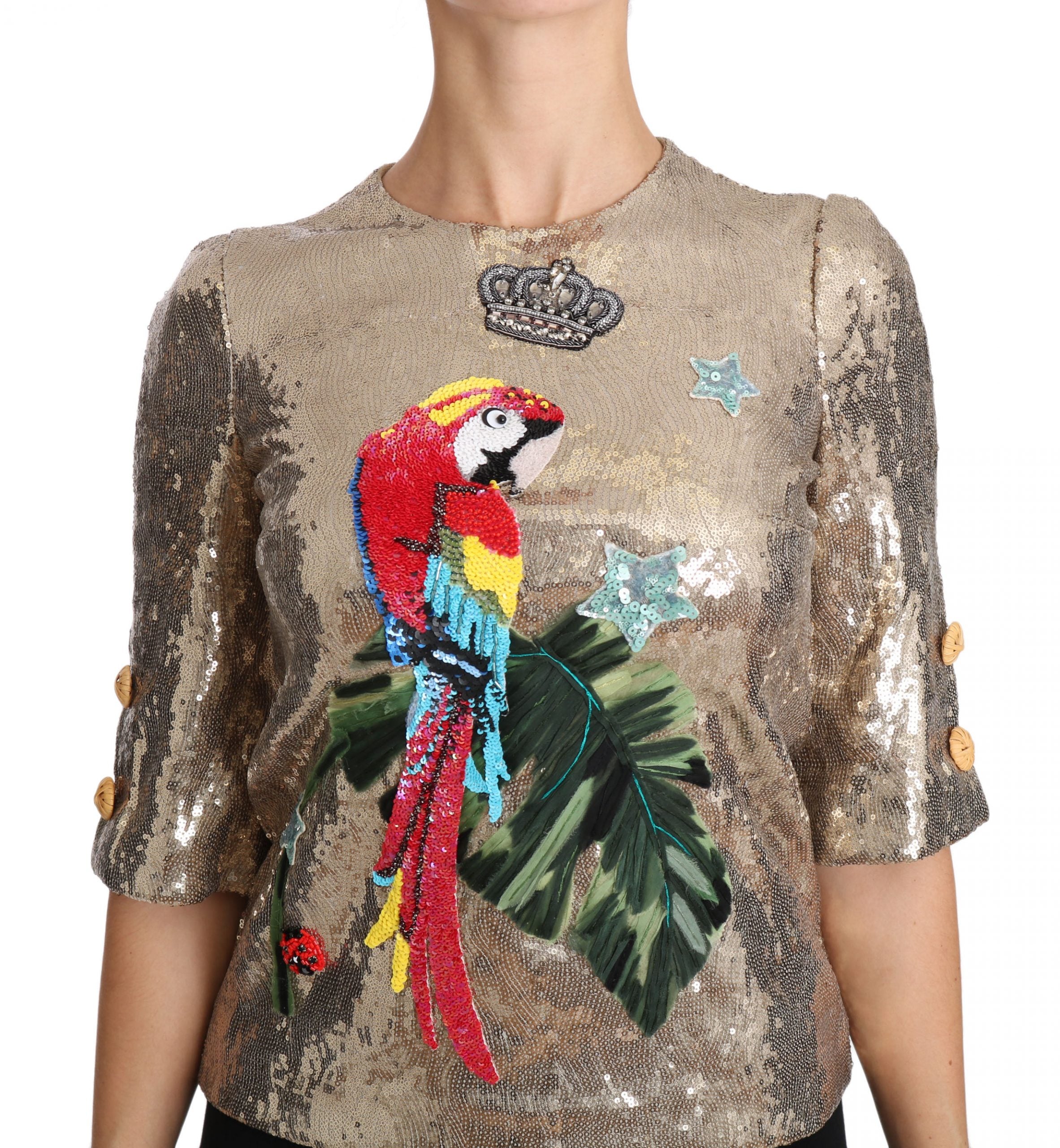 Dolce & Gabbana Gold Sequined Parrot Crystal Women's Blouse