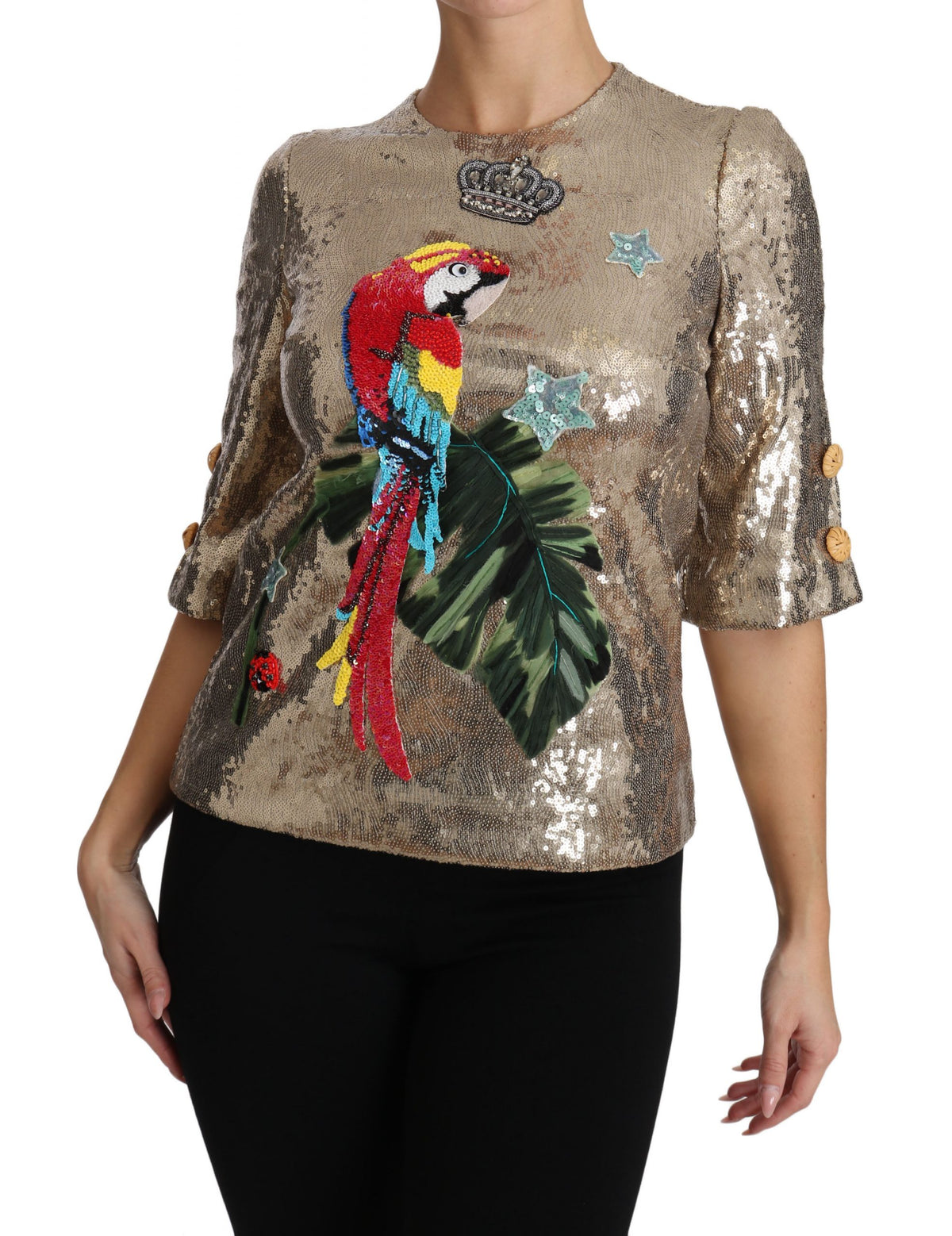 Dolce & Gabbana Gold Sequined Parrot Crystal Women's Blouse