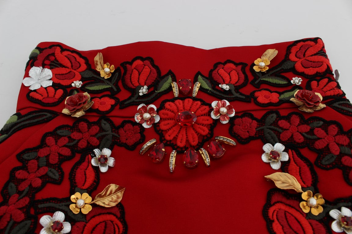 Dolce & Gabbana Red Silk Crystal Roses Women's Shorts