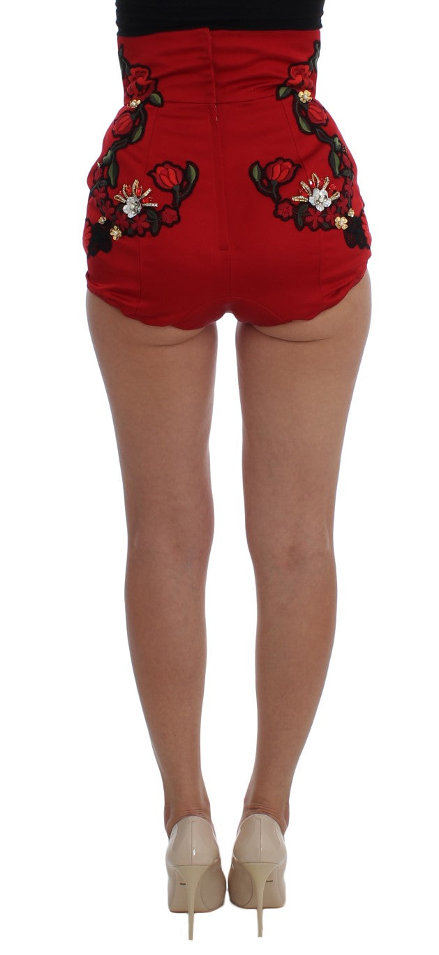 Dolce & Gabbana Red Silk Crystal Roses Women's Shorts