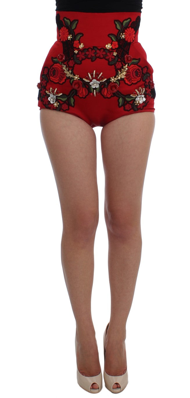 Dolce & Gabbana Red Silk Crystal Roses Women's Shorts