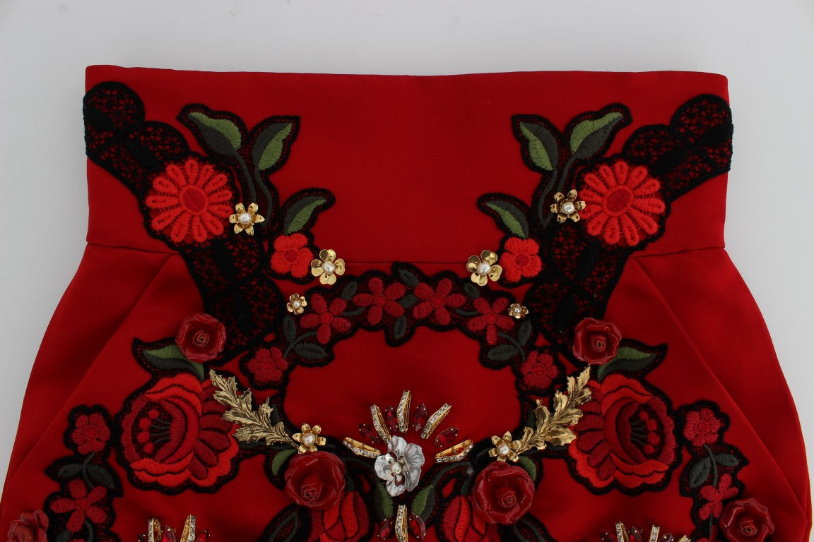 Dolce & Gabbana Red Silk Crystal Roses Women's Shorts