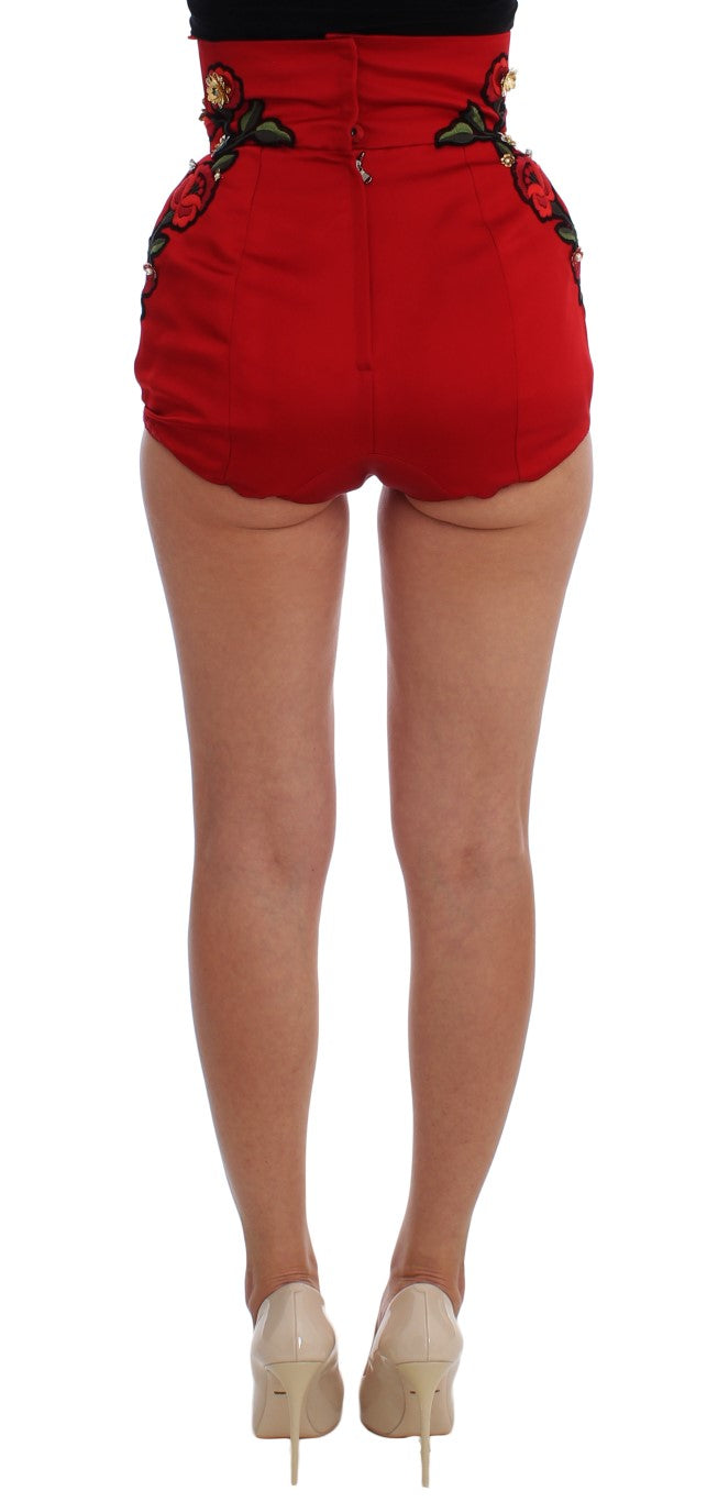 Dolce & Gabbana Red Silk Crystal Roses Women's Shorts