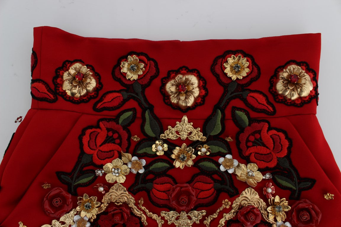 Dolce & Gabbana Red Silk Crystal Roses Women's Shorts