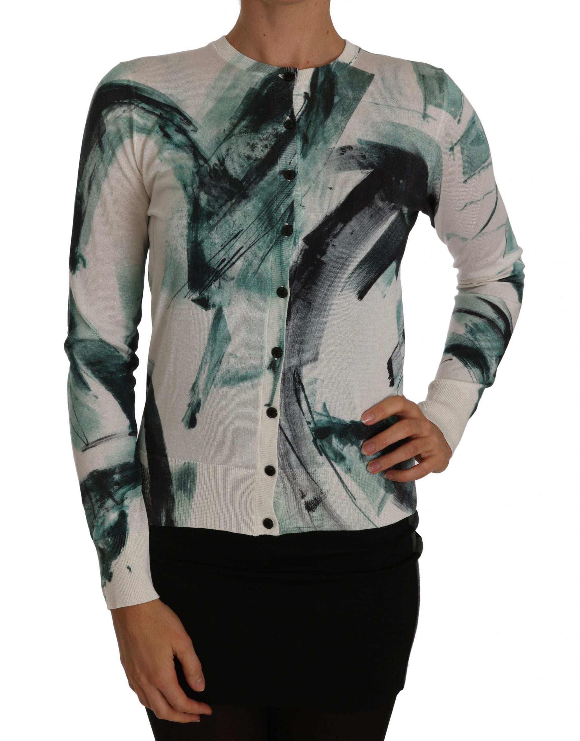 Dolce & Gabbana White Silk Cardigan Lightweight Paint Stroke Women's Sweater