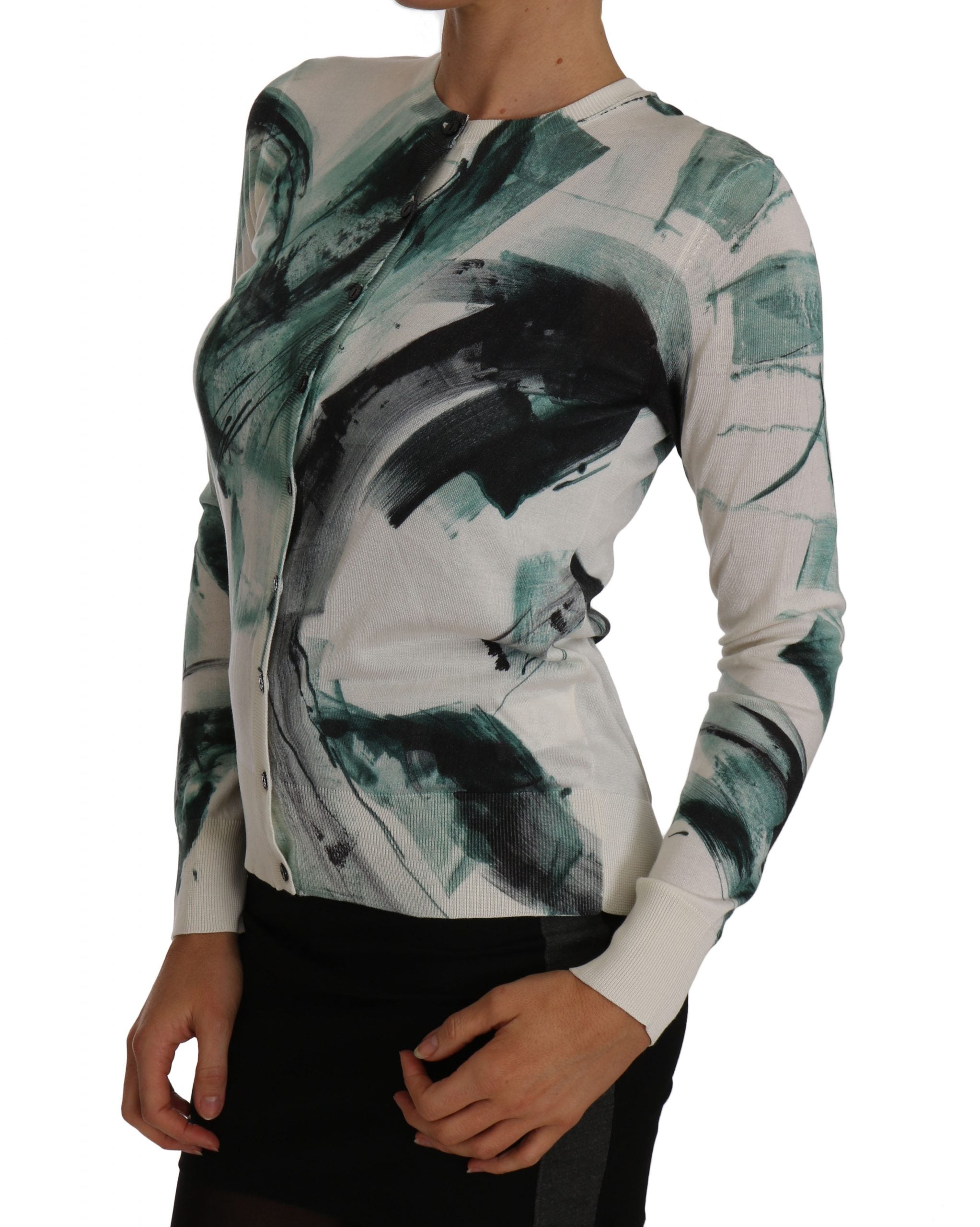 Dolce & Gabbana White Silk Cardigan Lightweight Paint Stroke Women's Sweater
