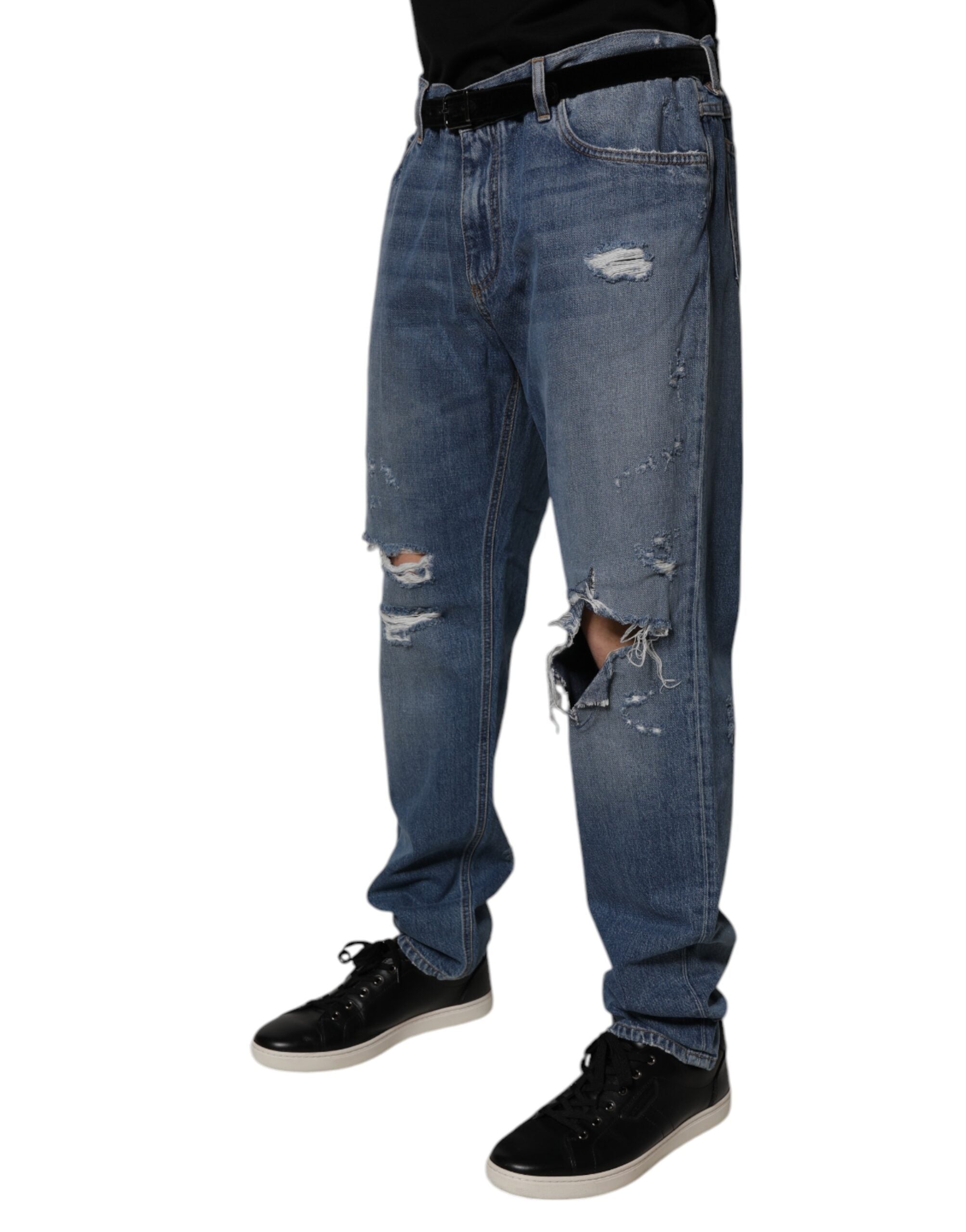 Dolce & Gabbana Blue Tattered Cotton Straight Denim Men's Jeans