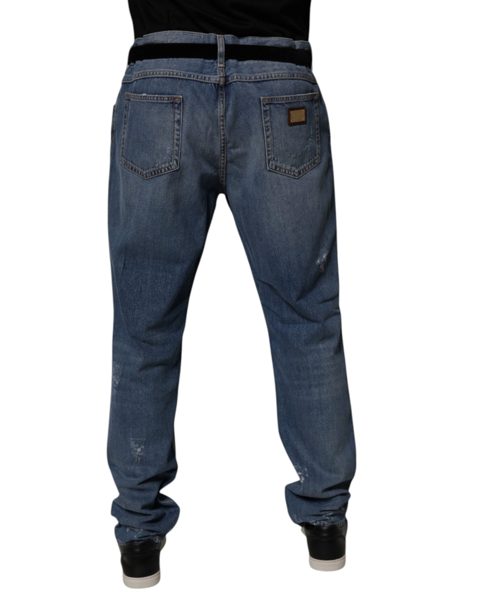 Dolce & Gabbana Blue Tattered Cotton Straight Denim Men's Jeans