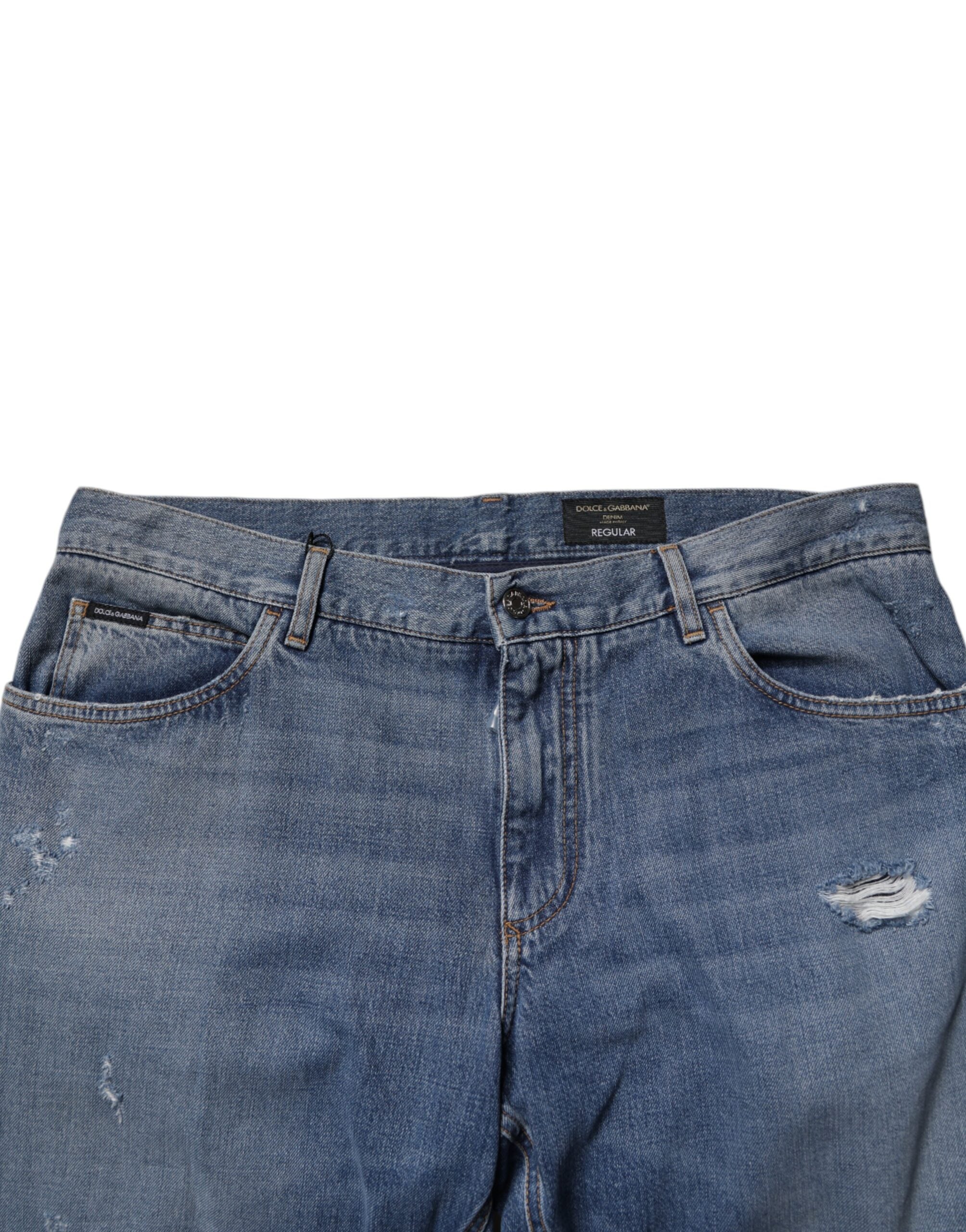 Dolce & Gabbana Blue Tattered Cotton Straight Denim Men's Jeans