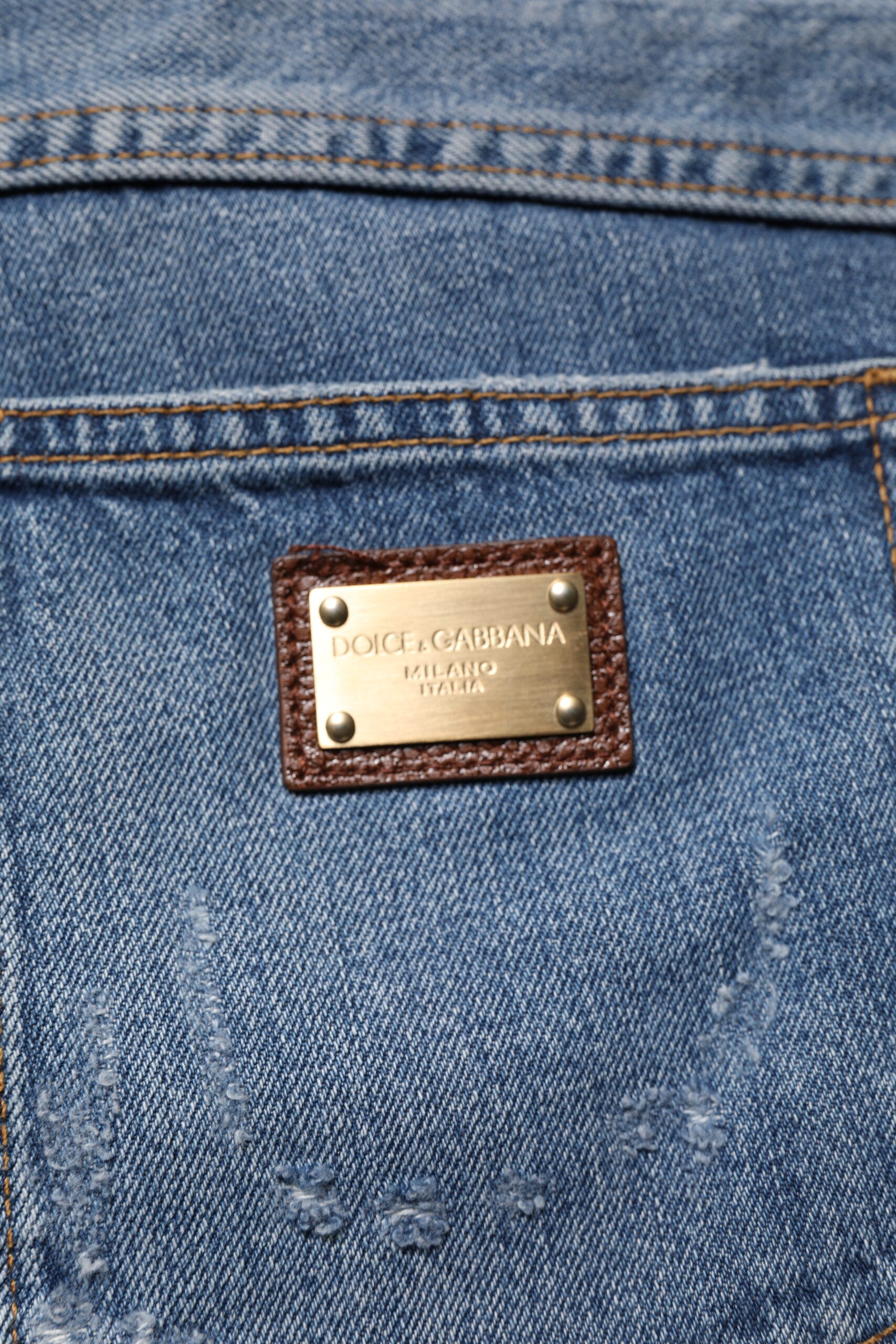 Dolce & Gabbana Blue Tattered Cotton Straight Denim Men's Jeans