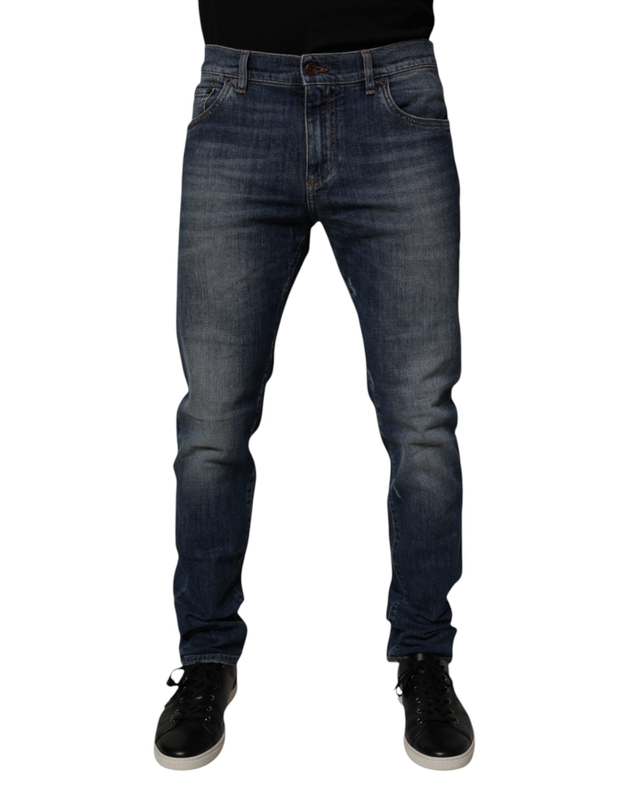 Dolce & Gabbana Dark Blue Cotton Leather Skinny Denim Men's Jeans