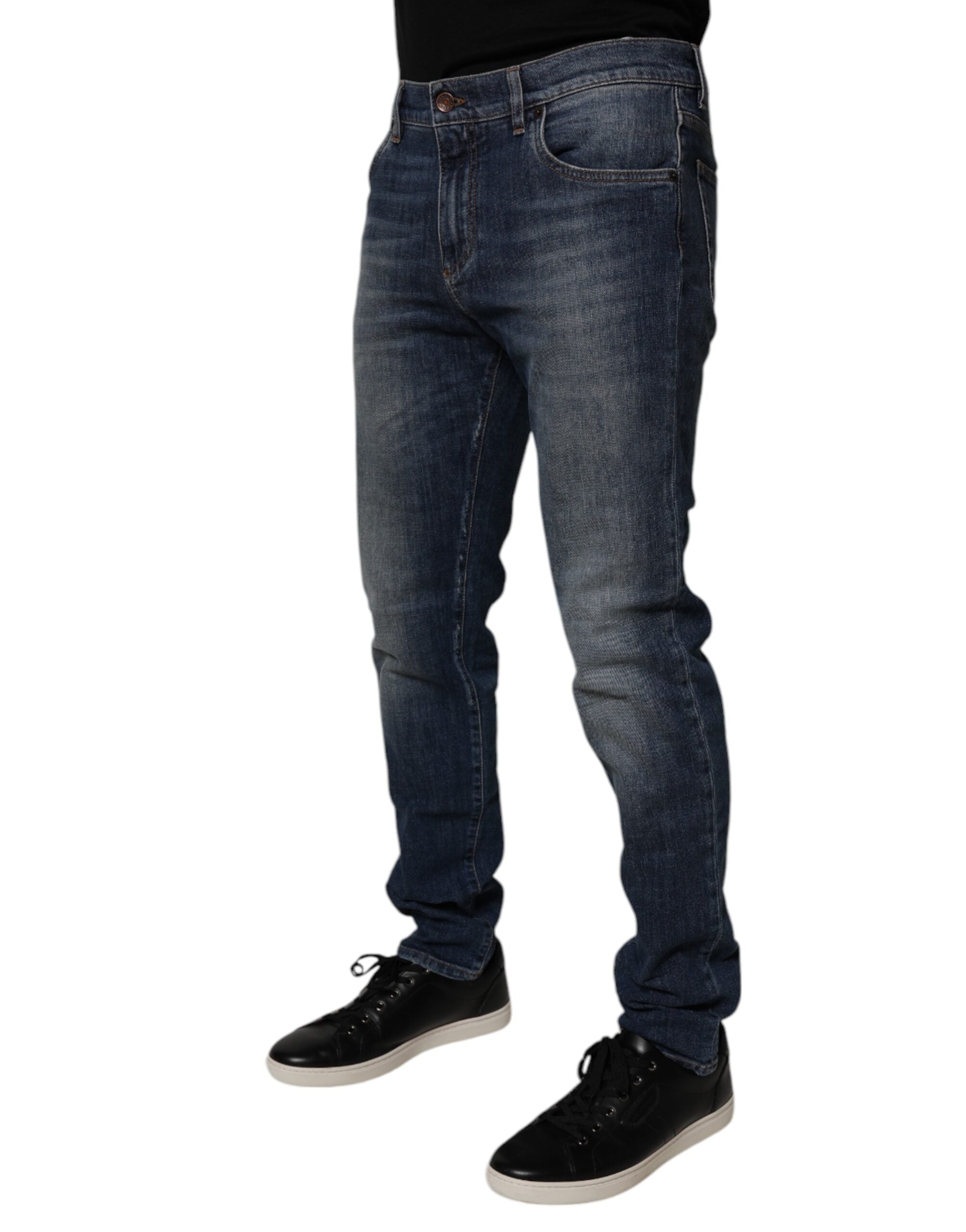 Dolce & Gabbana Dark Blue Cotton Leather Skinny Denim Men's Jeans