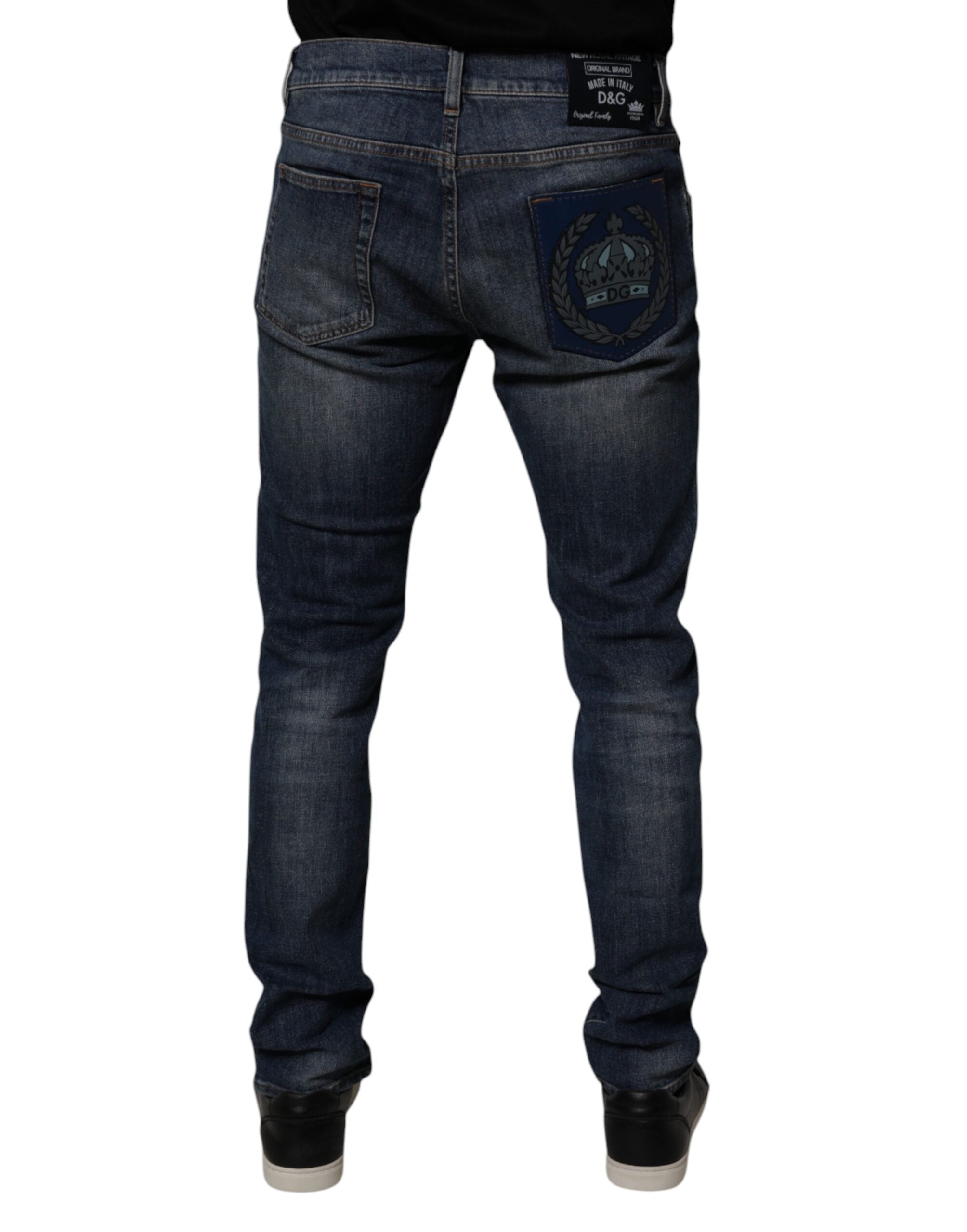 Dolce & Gabbana Dark Blue Cotton Leather Skinny Denim Men's Jeans