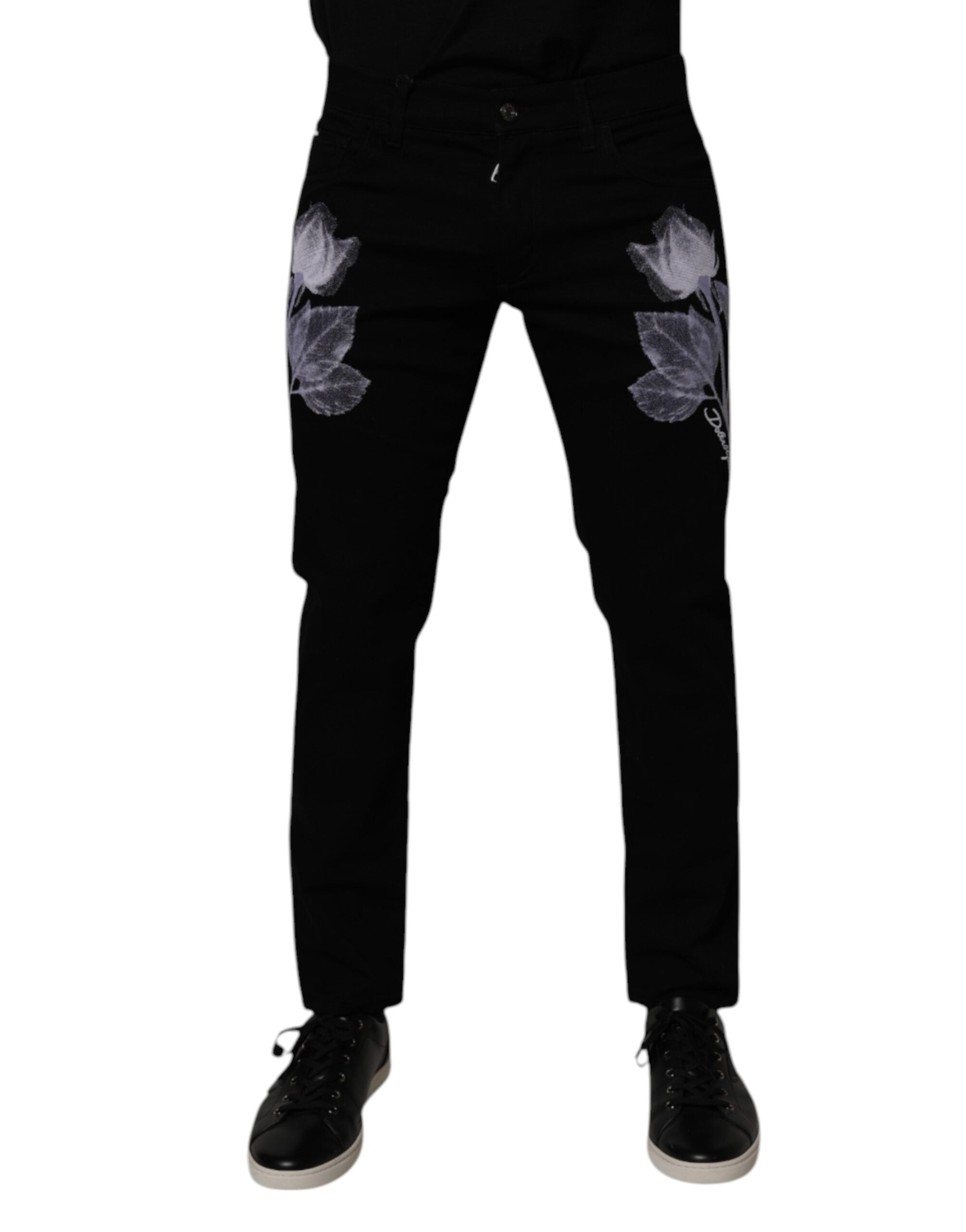 Dolce & Gabbana Black Floral Cotton Skinny Men Denim Men's Jeans