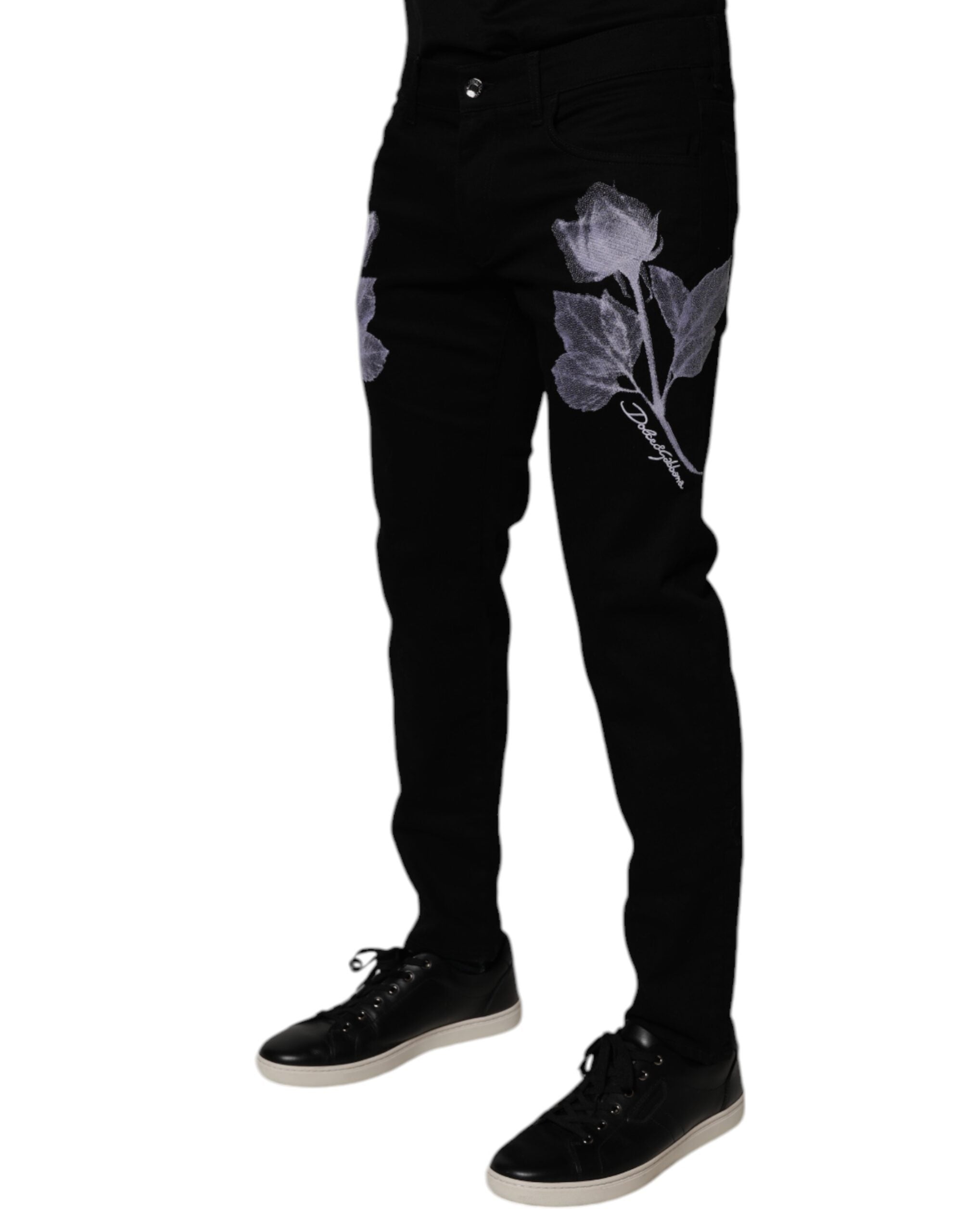 Dolce & Gabbana Black Floral Cotton Skinny Men Denim Men's Jeans