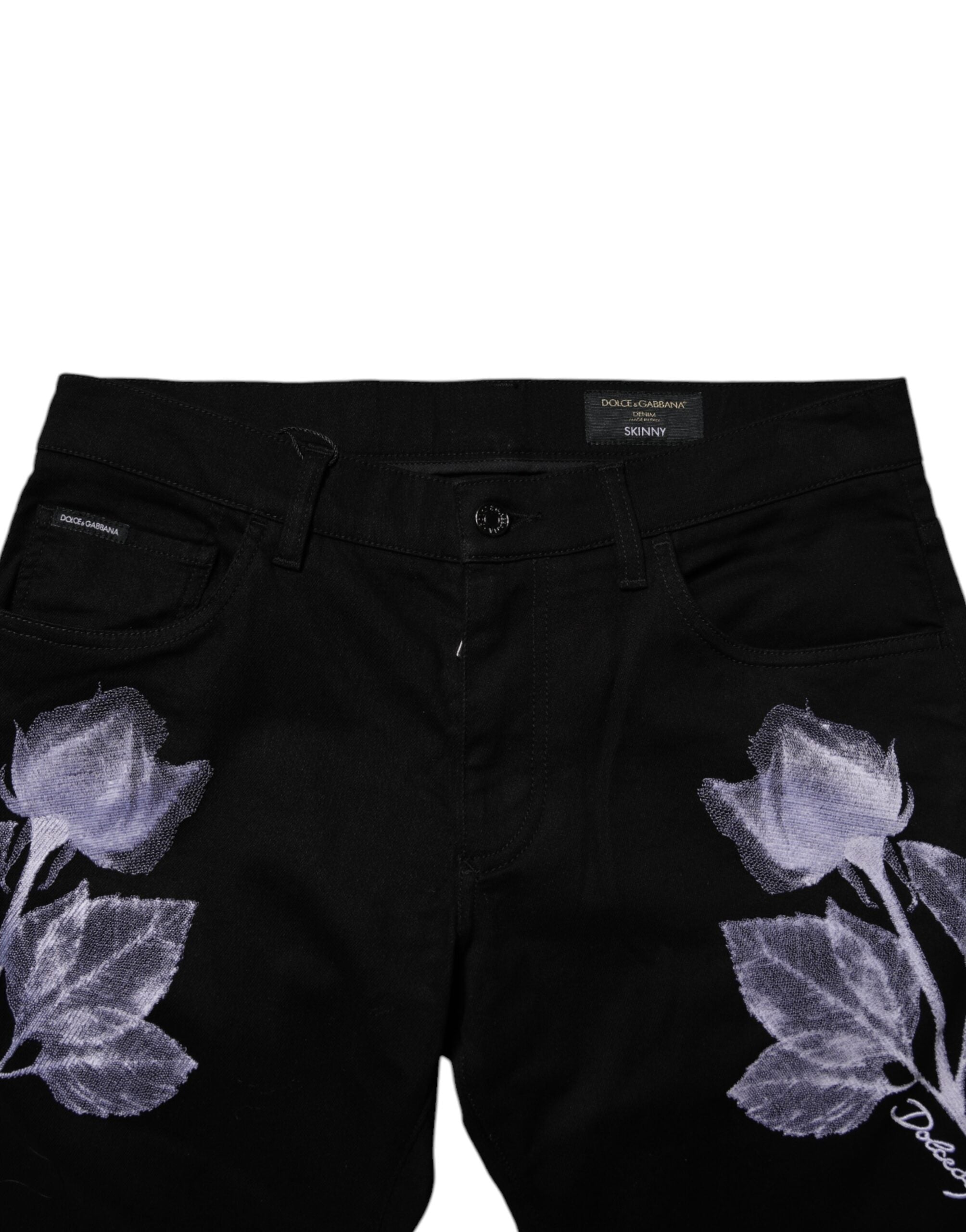 Dolce & Gabbana Black Floral Cotton Skinny Men Denim Men's Jeans