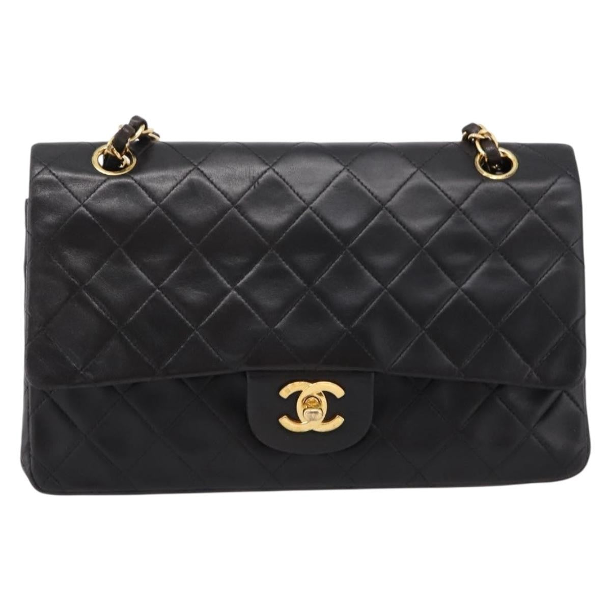 Chanel Classic Double Flap Quilted Lambskin Black Leather Shoulder Bag Bag (Pre-Owned)