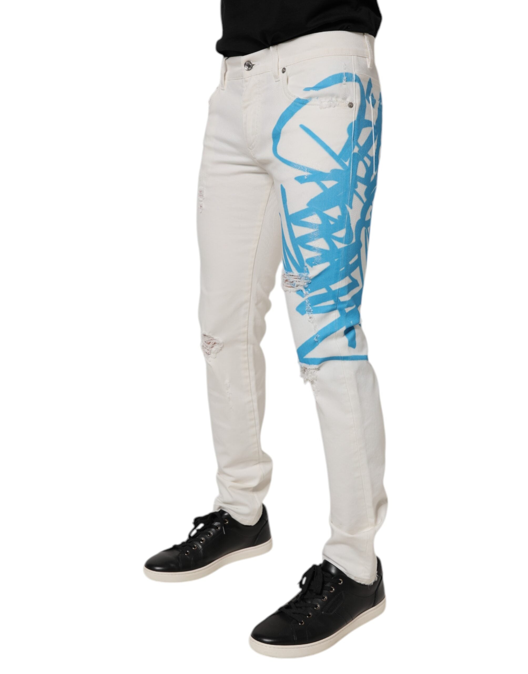 Dolce & Gabbana White Tattered Graffiti Skinny Denim Men's Jeans (Pre-Owned)