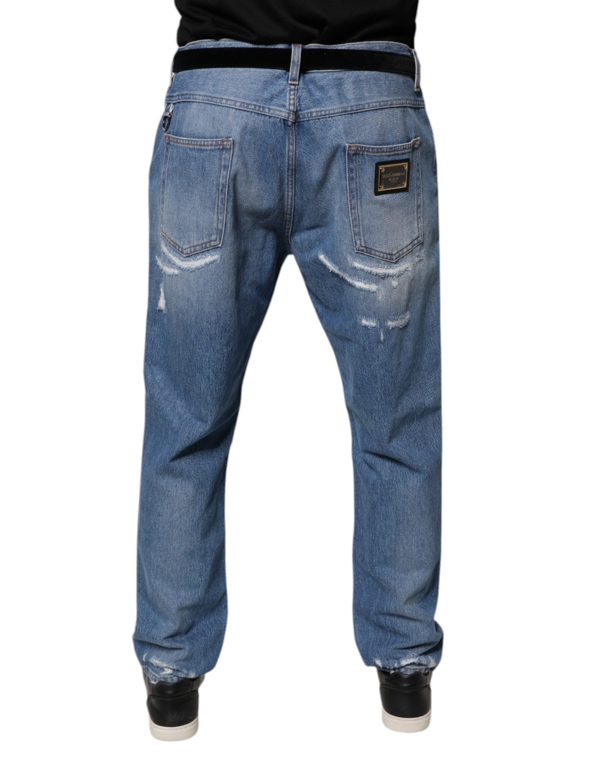 Dolce & Gabbana Blue Tattered Straight Cotton Denim Men's Jeans