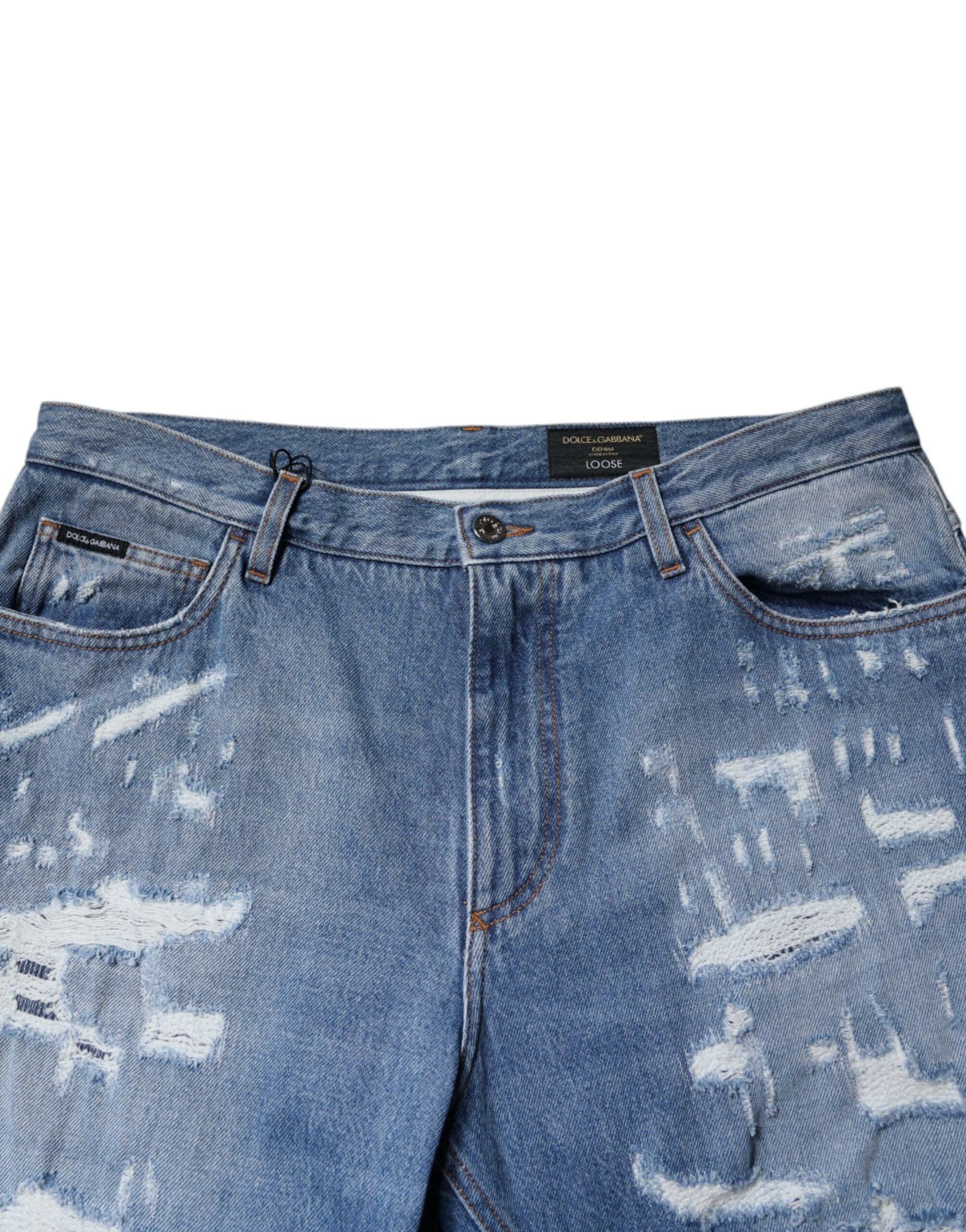 Dolce & Gabbana Blue Tattered Straight Cotton Denim Men's Jeans