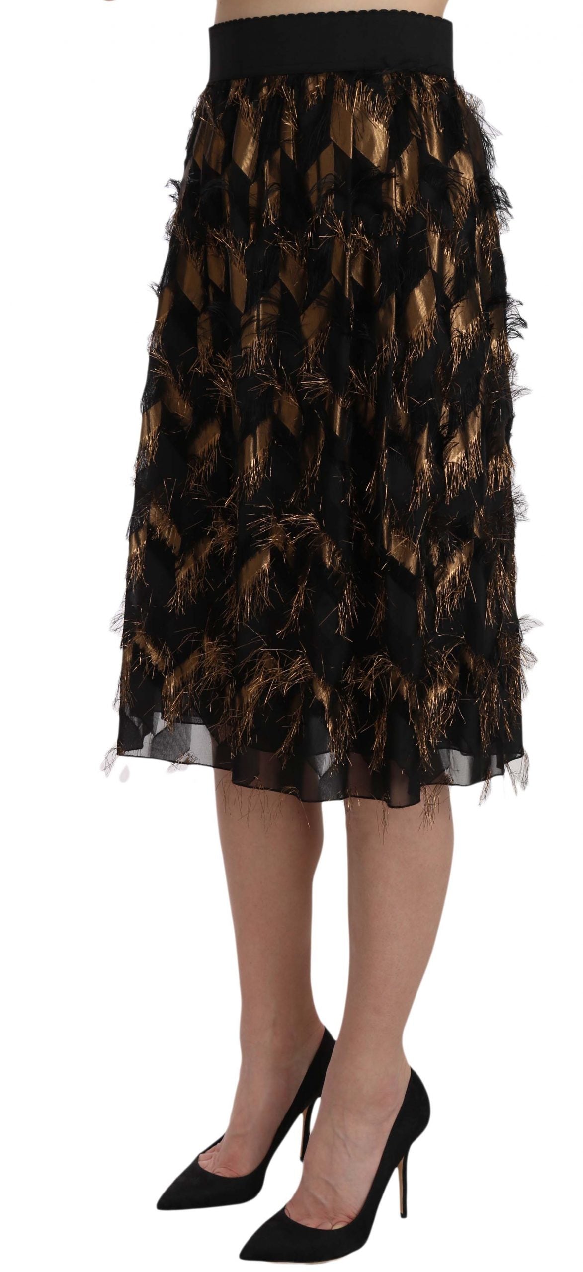 Dolce & Gabbana Black Gold Fringe Metallic Pencil A-line Women's Skirt