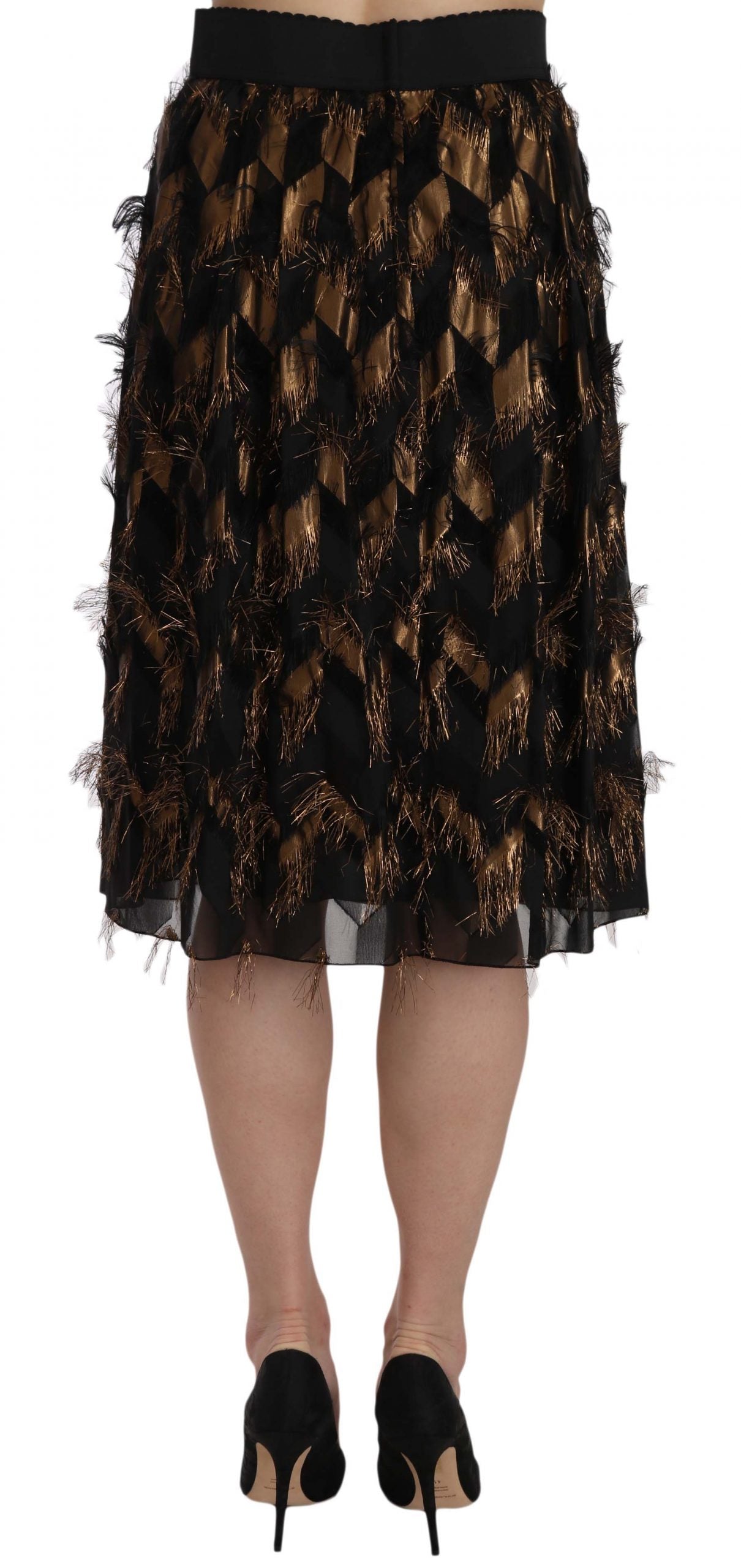 Dolce & Gabbana Black Gold Fringe Metallic Pencil A-line Women's Skirt