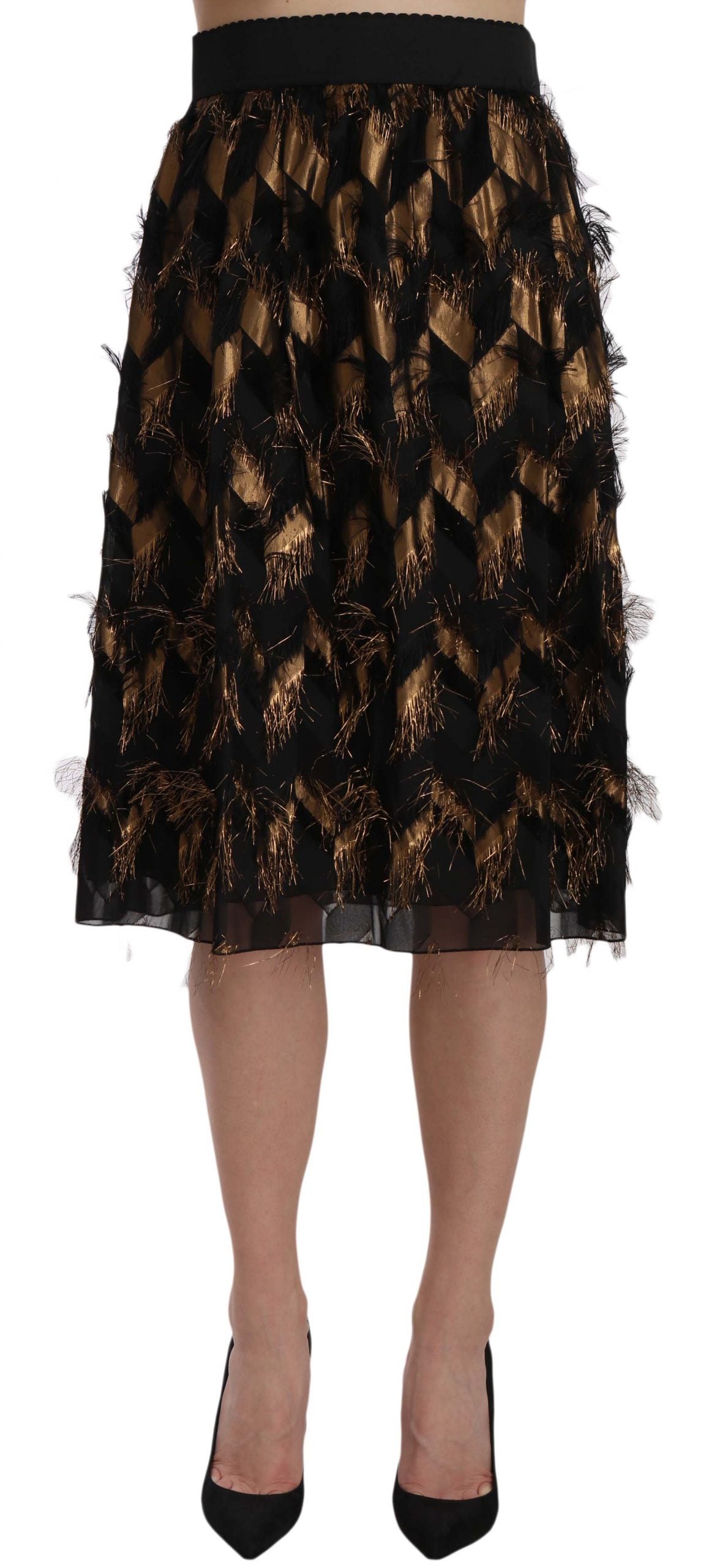 Dolce & Gabbana Black Gold Fringe Metallic Pencil A-line Women's Skirt